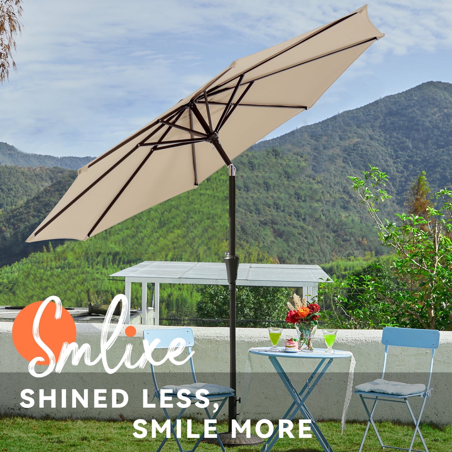 JUSTLET 9FT Outdoor Market Patio Umbrella with 8 Reinforced Steel Ribs, Crank Lift, Push Button Tilt, UV-Resistant, Windproof & Waterproof – Beige