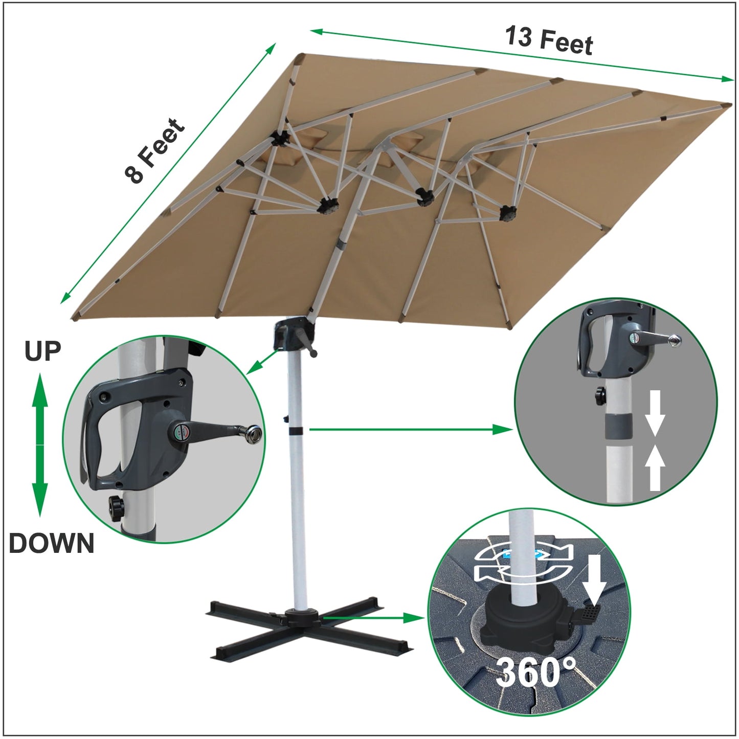 RANSENERS Double Sided Cantilever Patio Umbrella 13 * 8 ft Rectangle Outdoor Offset Umbrella with 360° Rotation and UPF 50+ for Garden Pool Coffeshop - Beige