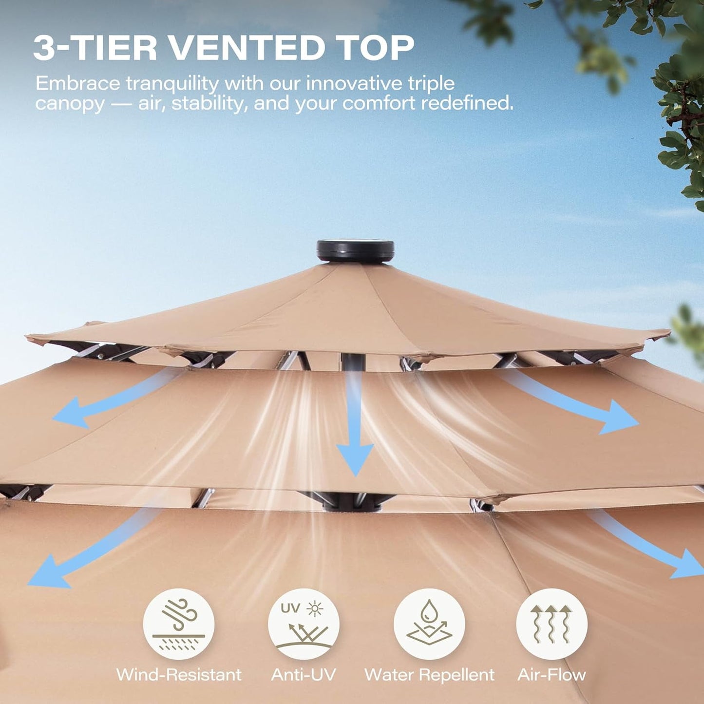 LAUSAINT HOME 10ft Patio Umbrella with Solar Lights, 3-tier Outdoor Umbrellas for Patio Pool Deck Market, Beige