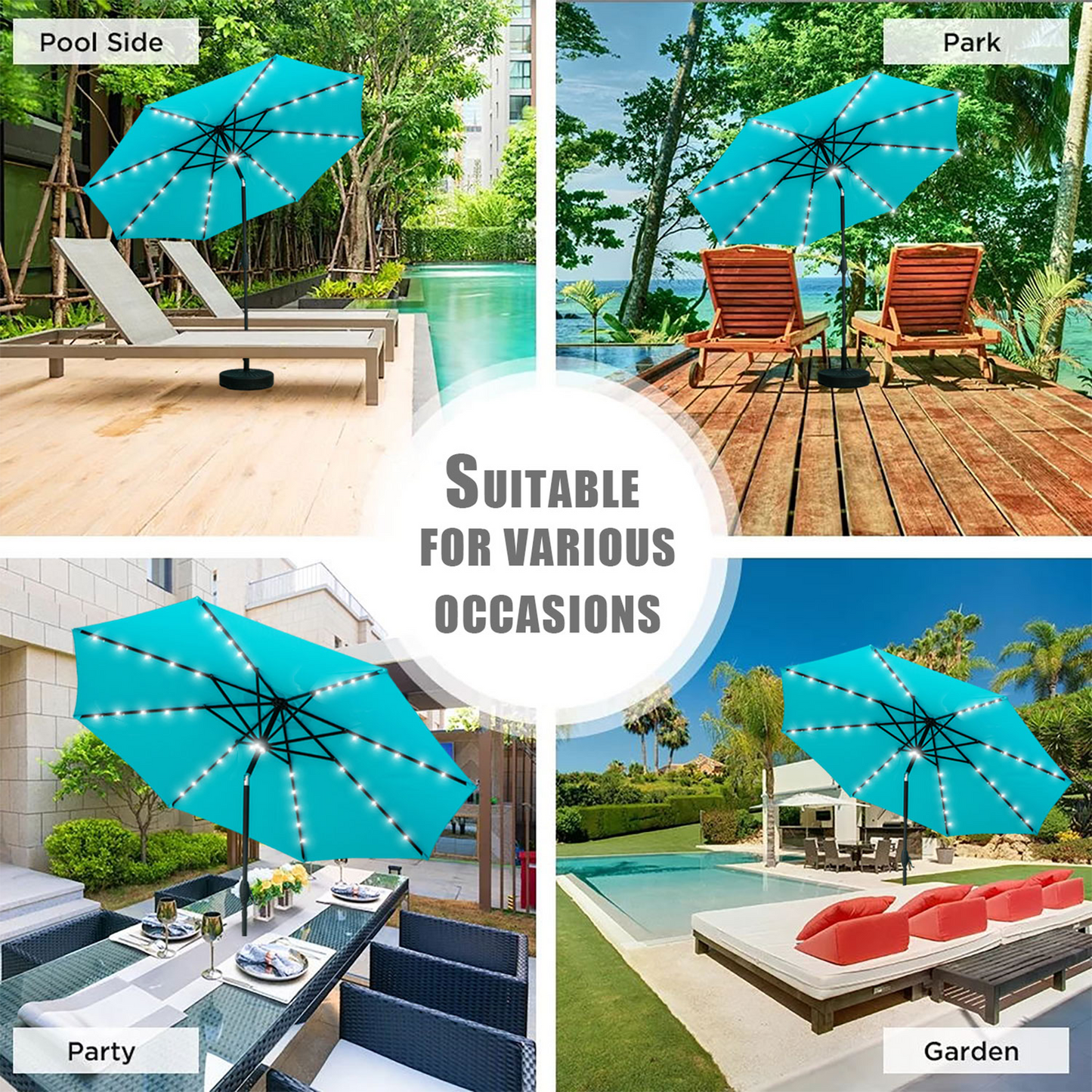 Autlaycil 10 ft Solar Patio Umbrellas with 40 LED lights for Market Outdoor Pool, Steel Tilt Crank, Blue