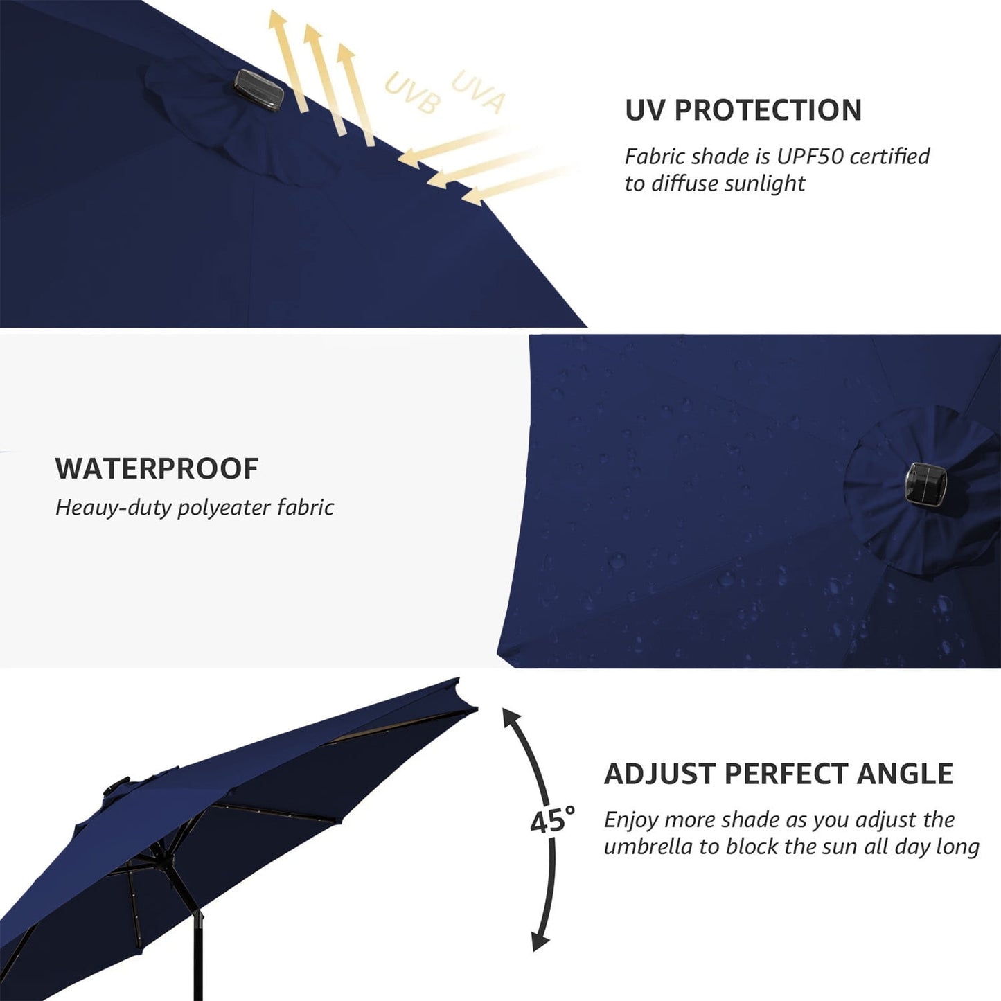 JUSTLET 10 ft Patio Umbrella for Table, Outdoor Sun Umbrella with LED Solar Lights, Navy Blue