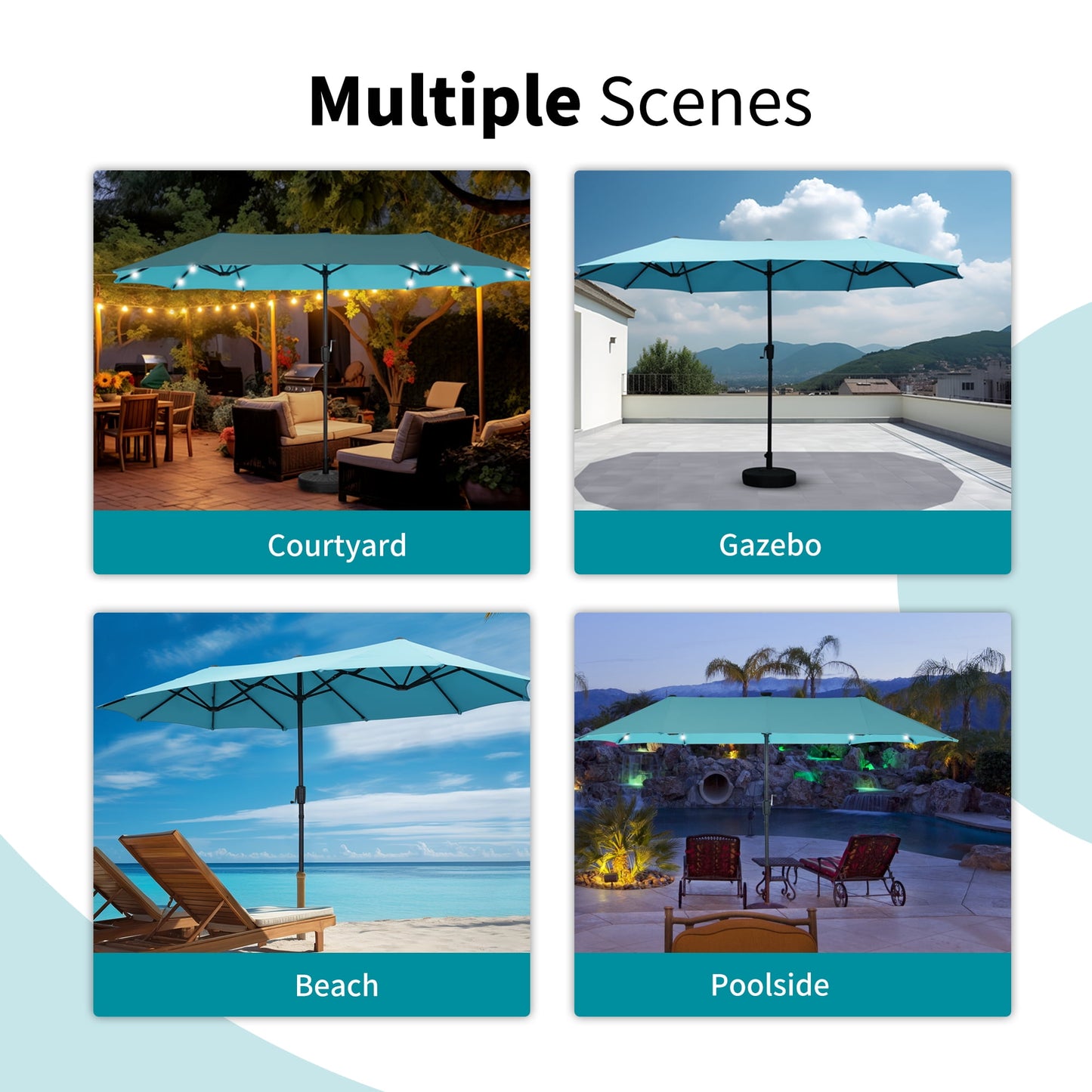 Autlaycil 13' Market Patio Umbrella with Crank System and 36 Solar Powered LED Lights for Outdoor, Market, Beach, Garden, Yard, Party, Blue