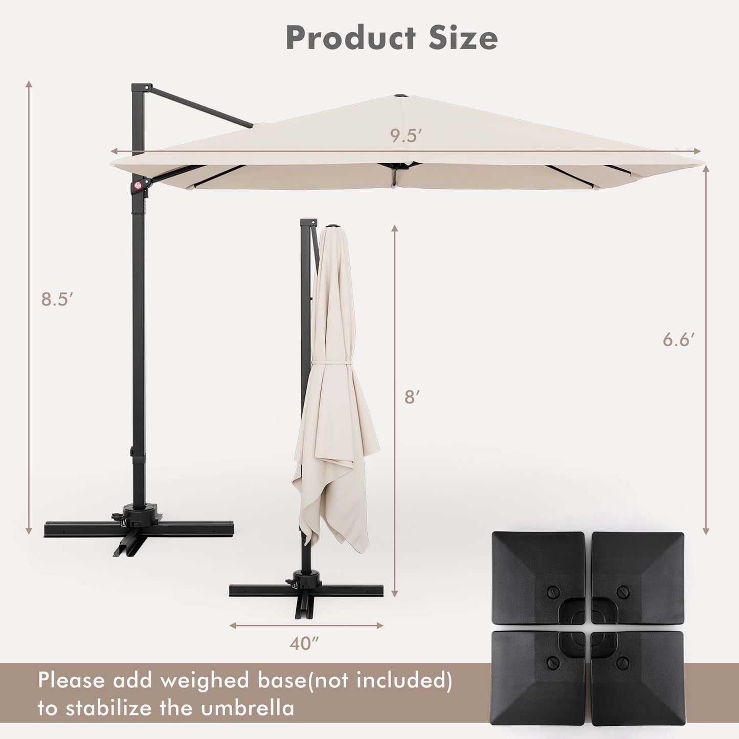 Costway 9.5ft Beige Square Cantilever Offset Patio Umbrella, 360° Rotation