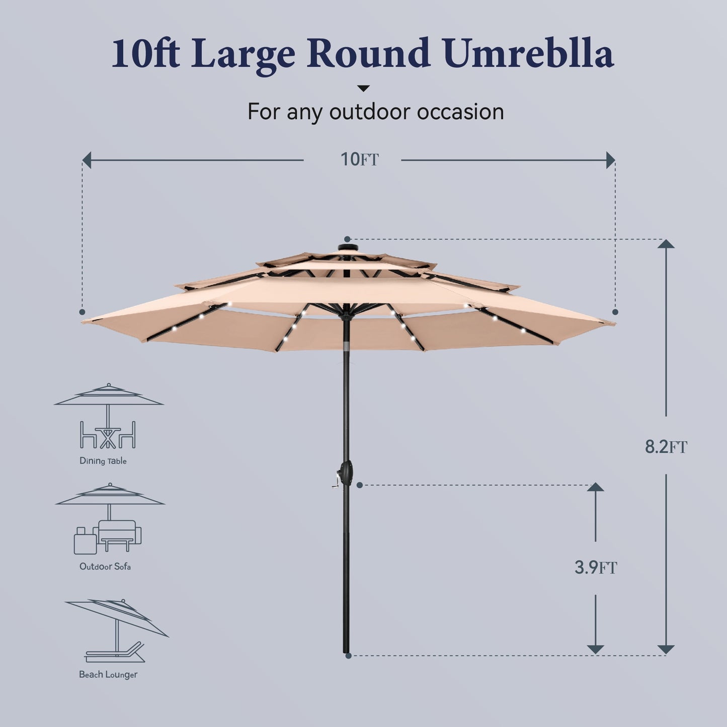 Summit Living 10ft Patio Umbrella with Solar Lights 3-Tier Vented Outdoor Market Umbrella with Auto-Tilt – Beige