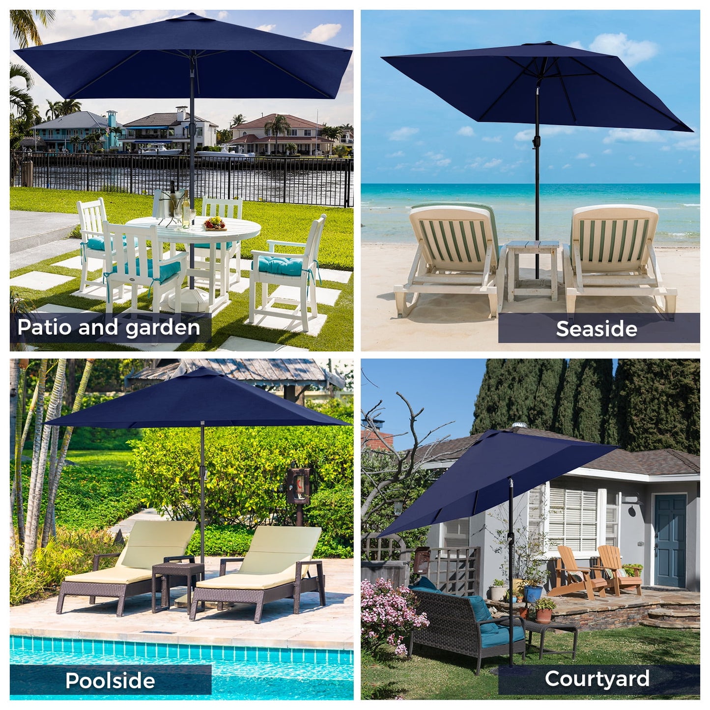 Garpans 10ft Patio Umbrella Outdoor Table Market Umbrella with Push Button Tilt and Crank Handle,Sun Shelter UV Protection Rectangular Beach Umbrellas,Navy Blue
