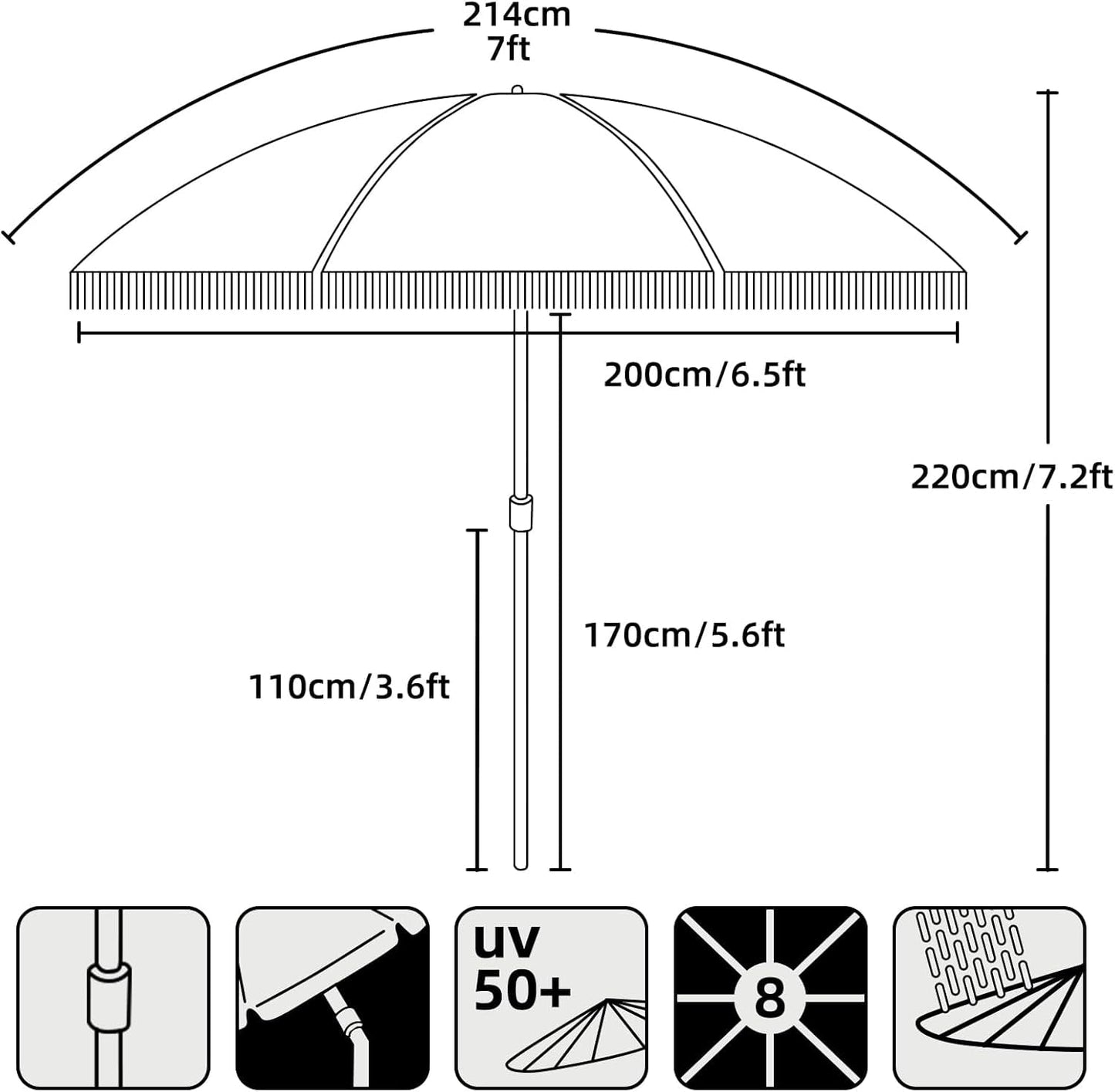 AMMSUN 7ft Fringe Patio Umbrella, Outdoor Table Tassels Umbrella with Push Button Tilt UPF50+ Shade Shelter,Cream White Camping Sun