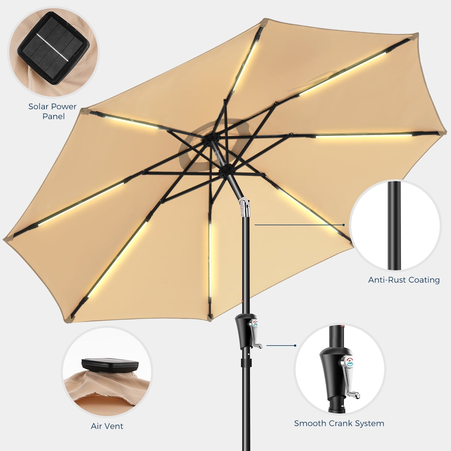 9FT Outdoor Solar LED Lighted Patio Umbrella with 8 LED Strip Lights & 8 Ribs, Convenient Crank Lift System,for Gargen,Yard,Home,Pool