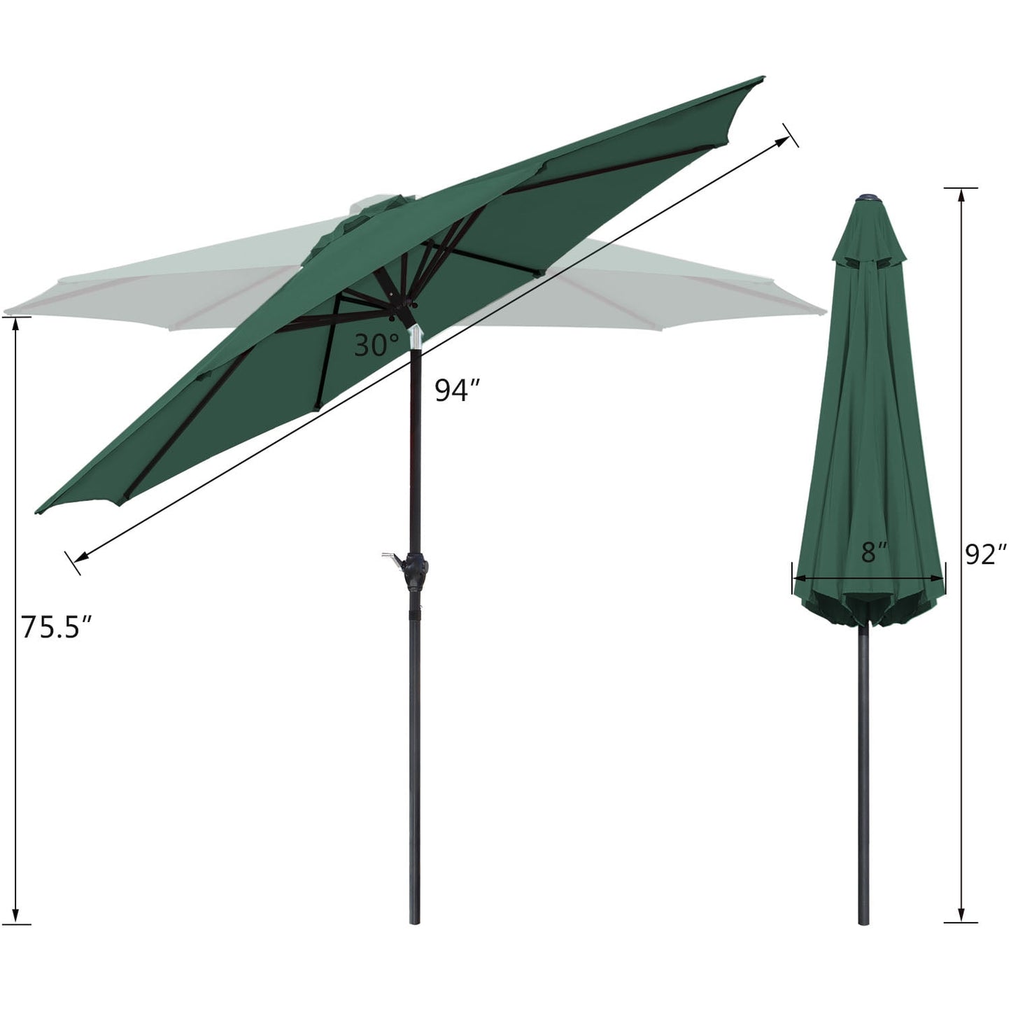 Lacoo 9' Green Patio Umbrella Outdoor Market Table Umbrella with Push Button Tilt, 8 Sturdy Ribs