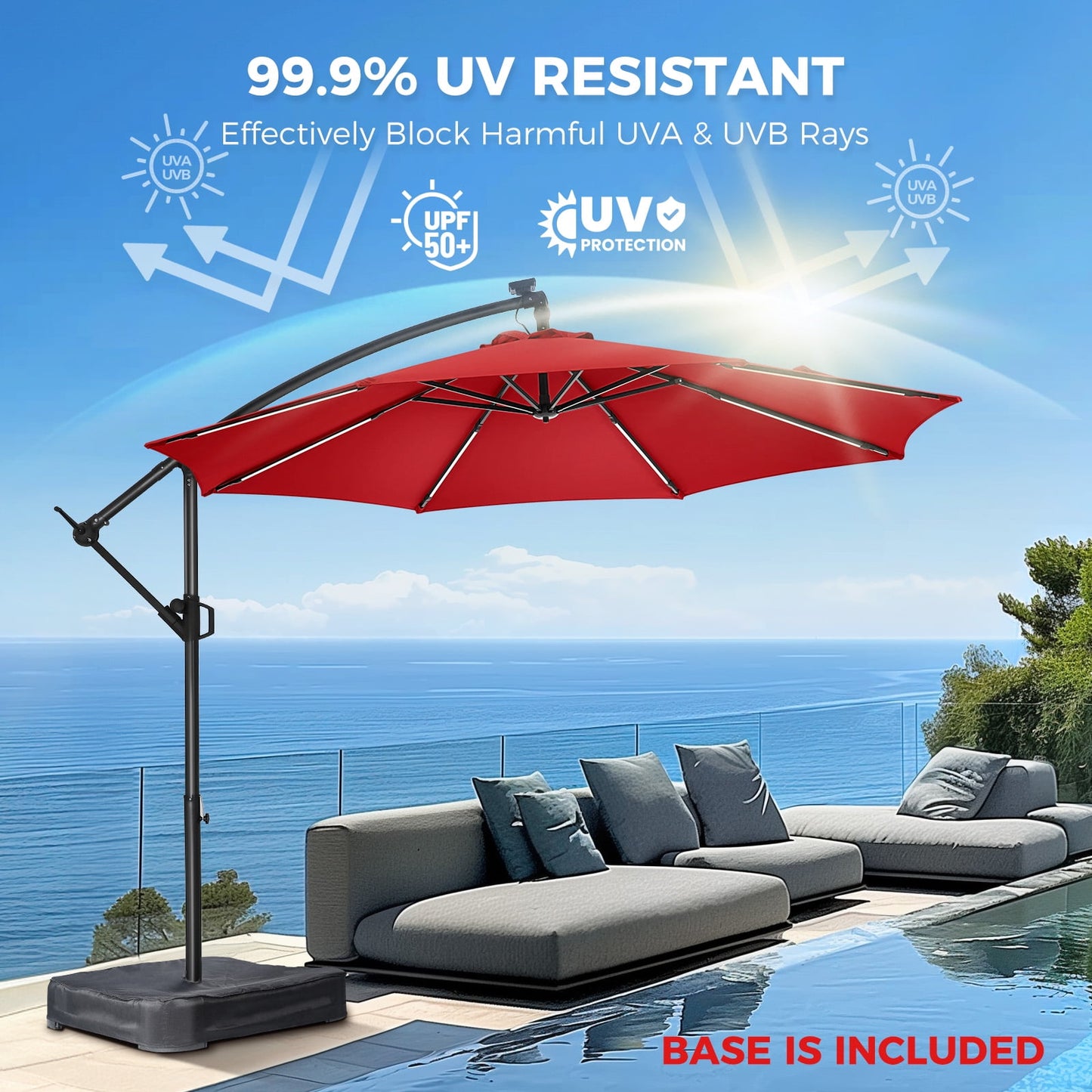 10ft Patio Umbrella Offset with Solar Light and Base,Offset Hanging Patio Outdoor Market Umbrella with Easy Tilt and Crank,for Yard,Garden,Home,Pool & Deck,Red