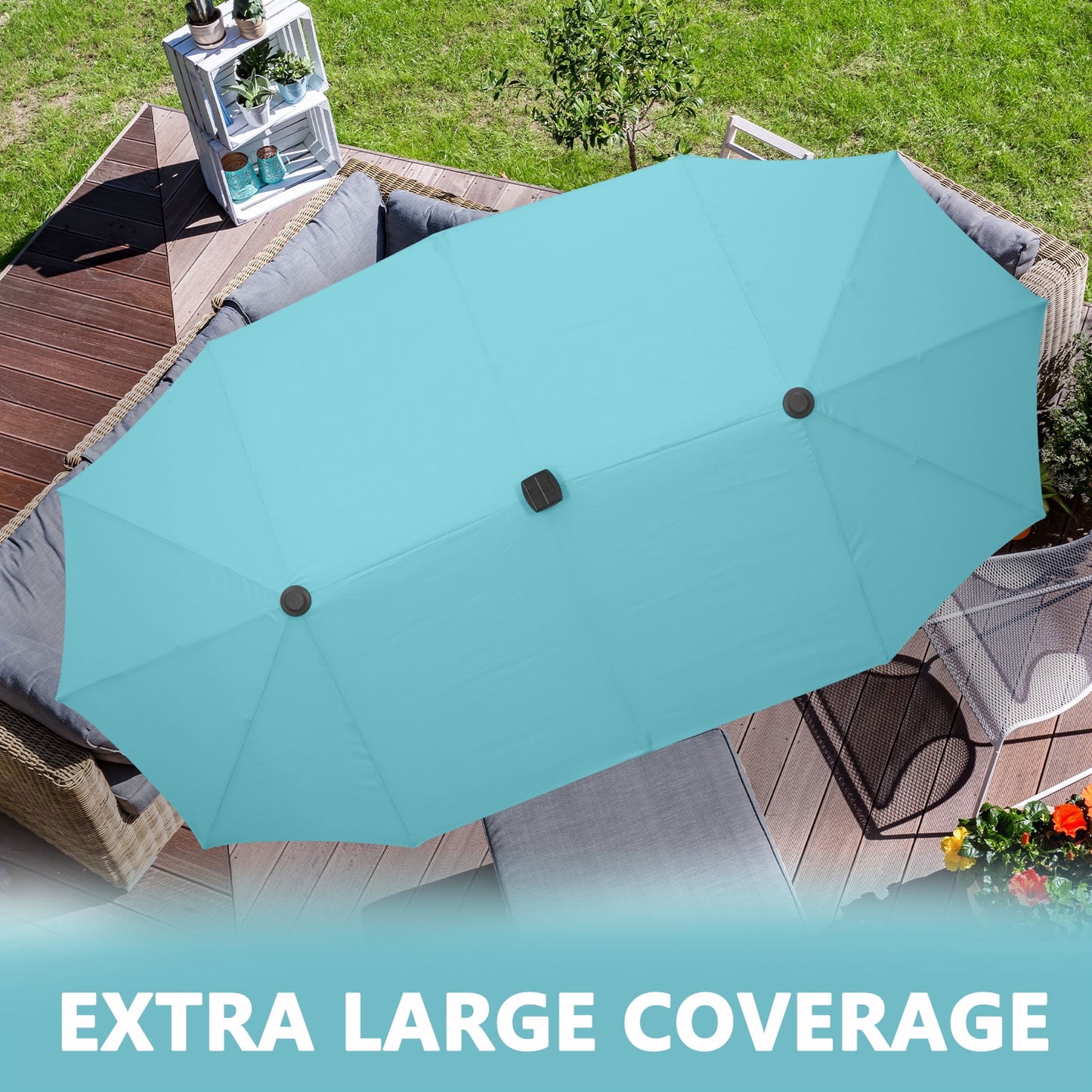 Autlaycil 13' Market Patio Umbrella with Crank System and 36 Solar Powered LED Lights for Outdoor, Market, Beach, Garden, Yard, Party, Blue
