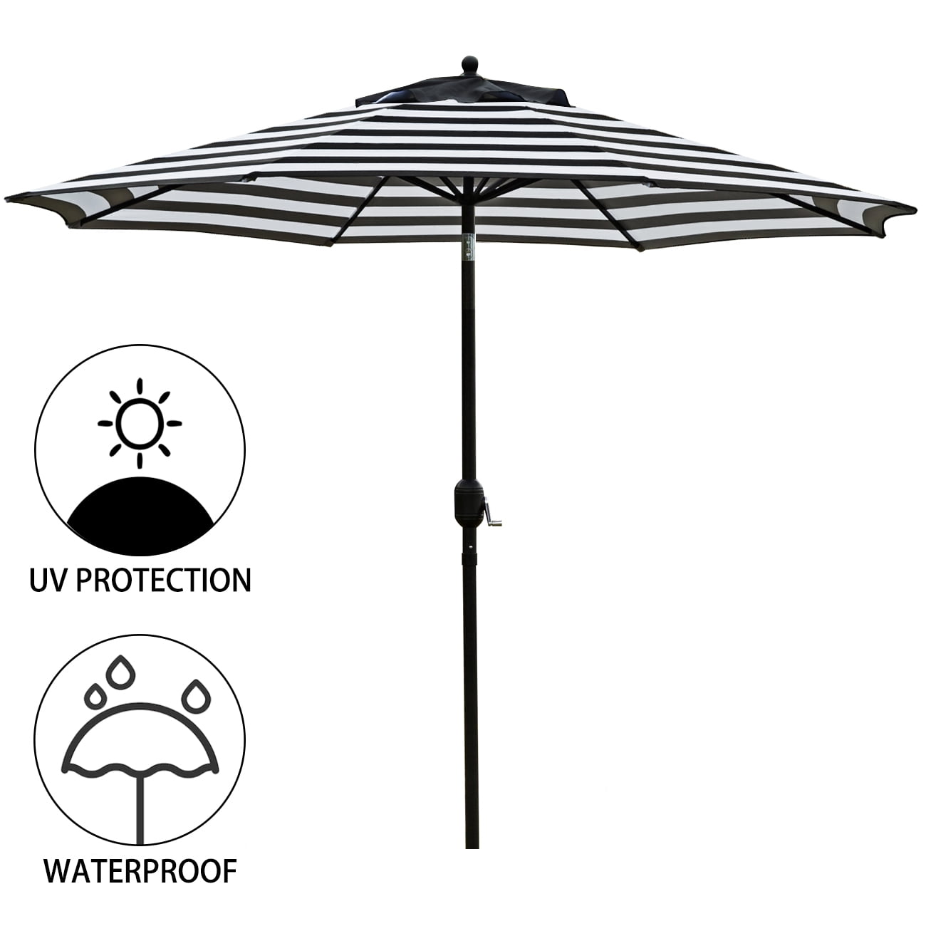 Bibana 9 ft Outdoor Patio Umbrella with Push Button Tilt, Easy Crank Lift, 8 Steel Ribs - Black and White