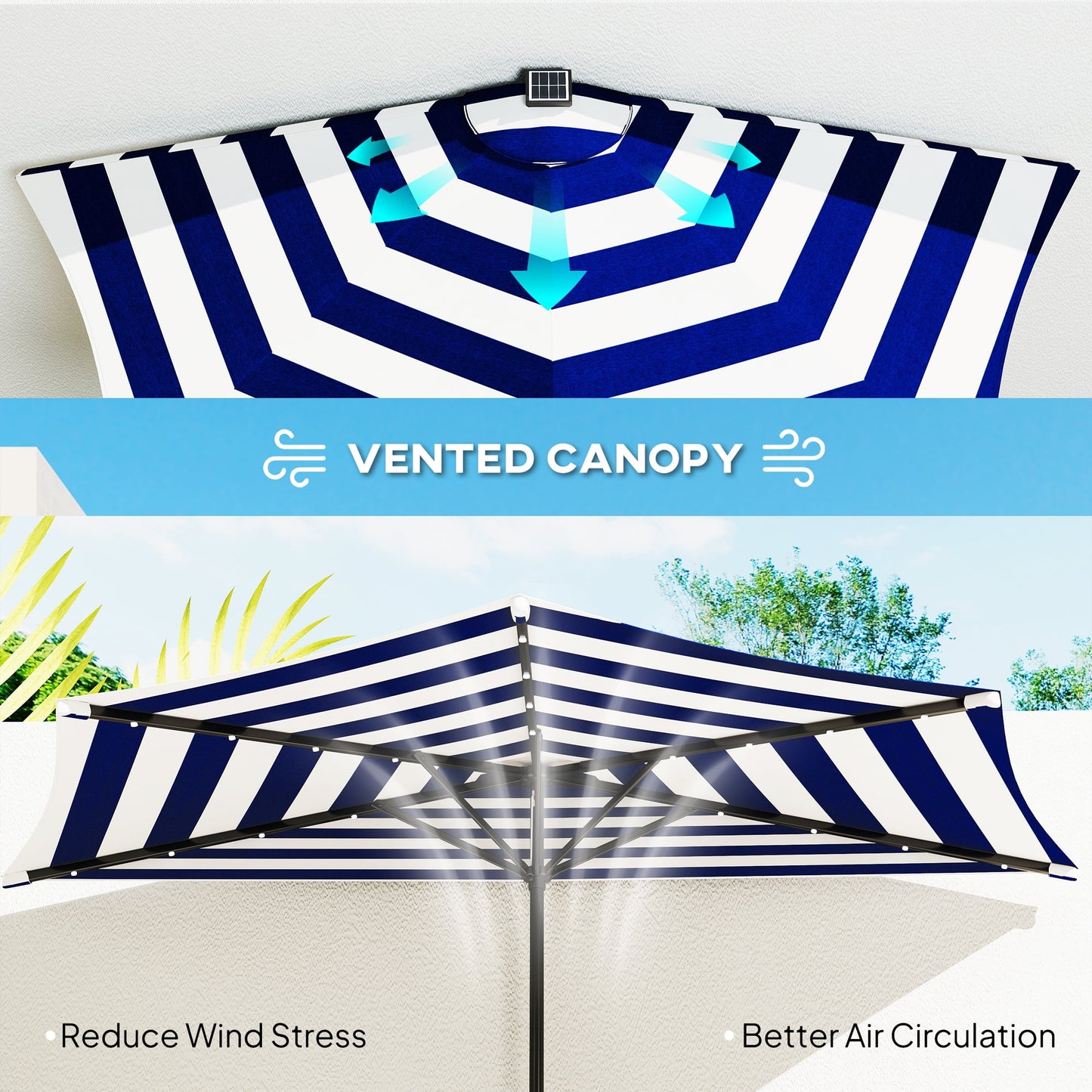 Outsunny Half Umbrella Outdoor Patio Umbrella, UPF 30+ Small Balcony Umbrella, Vented Tiltable Half Patio Umbrella with Crank 8 Ribs, Navy Blue