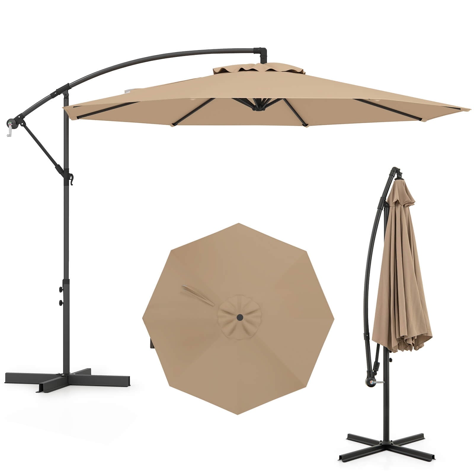 Costway 10' Hanging Umbrella Patio Sun Shade Offset Garden Market W/ T Cross Base Tan