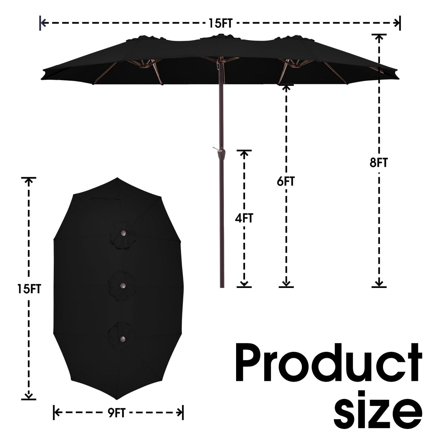 JUSTLET 15ft Rectangular Outdoor Patio Umbrella Double-Sided Twin Large Patio Umbrella with Crank，Black