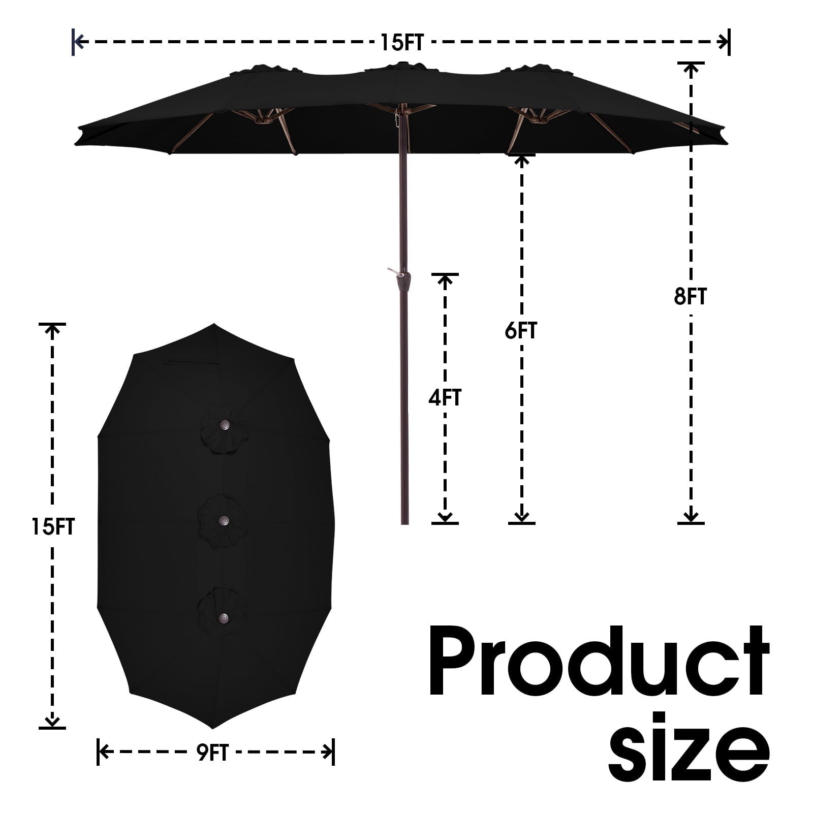 JUSTLET 15ft Rectangular Outdoor Patio Umbrella Double-Sided Twin Large Patio Umbrella with Crank，Black