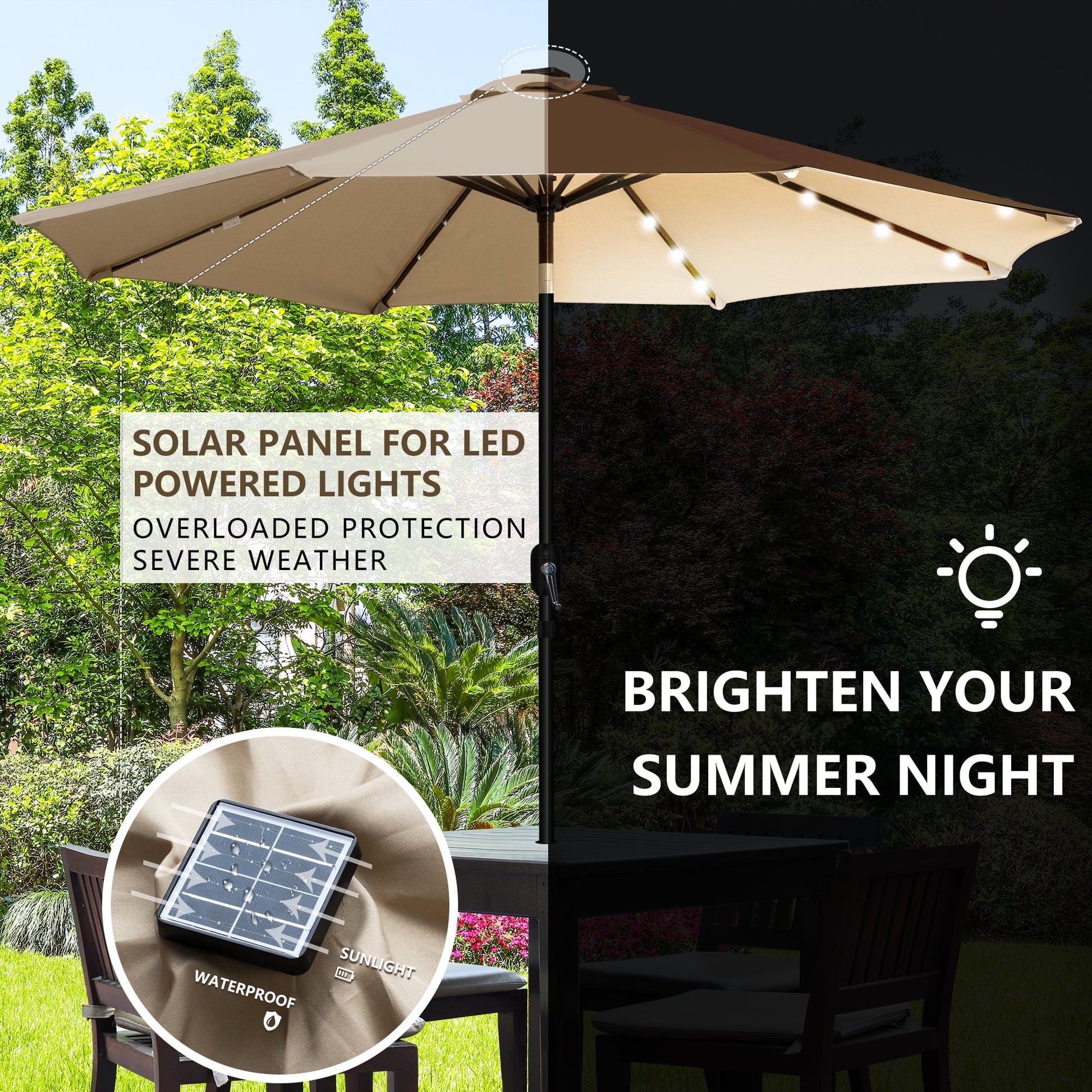 Sun-Ray 9 FT 32 LED Patio Solar Umbrella w/ Push Button Tilt and Crank Outdoor Umbrella Taupe