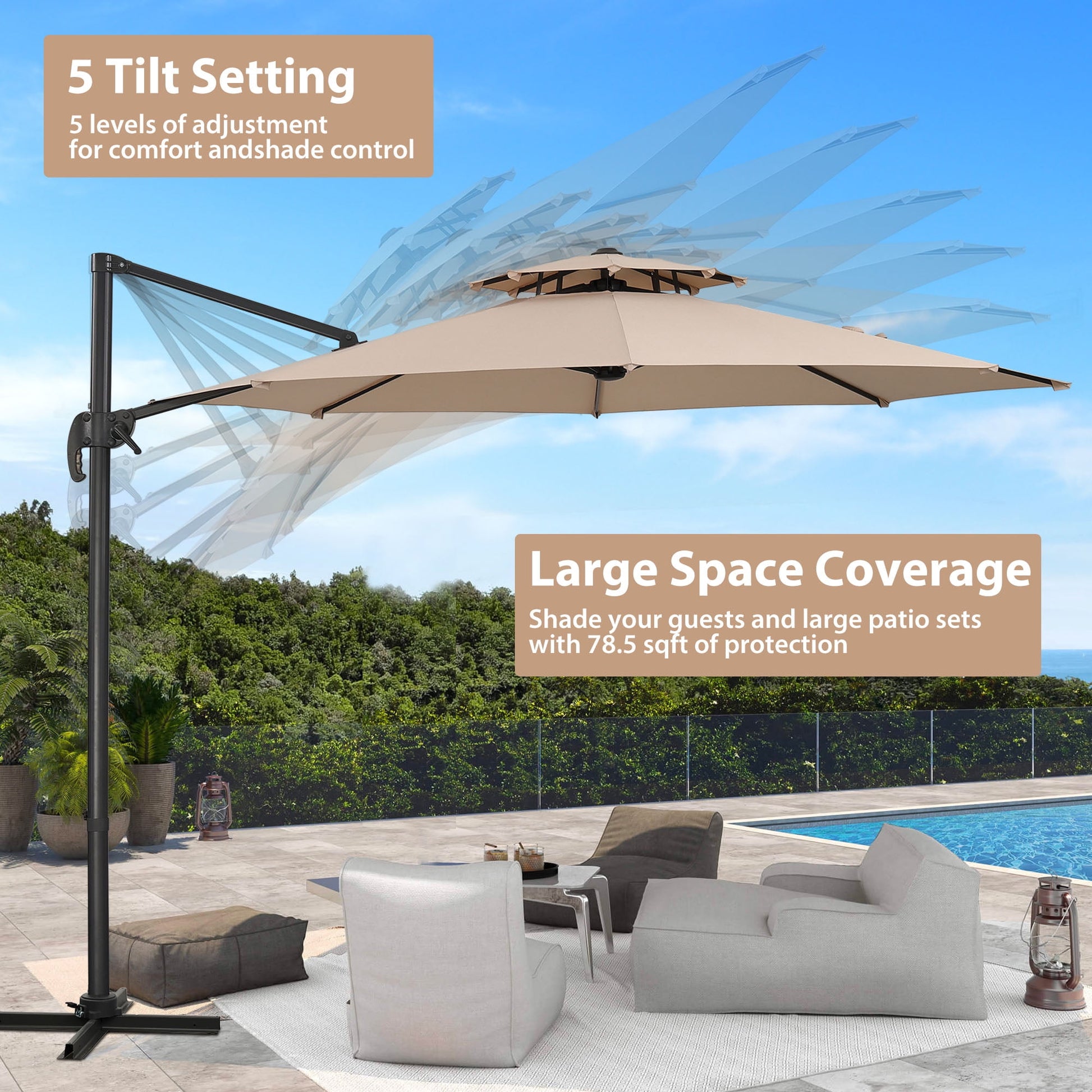 Autlaycil 10 FT Aluminum Offset Outdoor Cantilever Umbrella with 360-degree Rotation, 2-Tier Patio Umbrella, Khaki