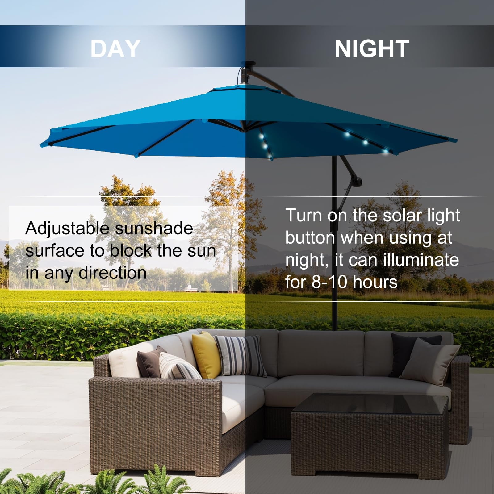 10ft Solar Lighted Patio Umbrella,Outdoor Offset Cantilever Umbrella, Infinite Tilt, Crank and Cross Base, UV Protection for Backyard, Lawn, Garden & Pool, Royal Blue