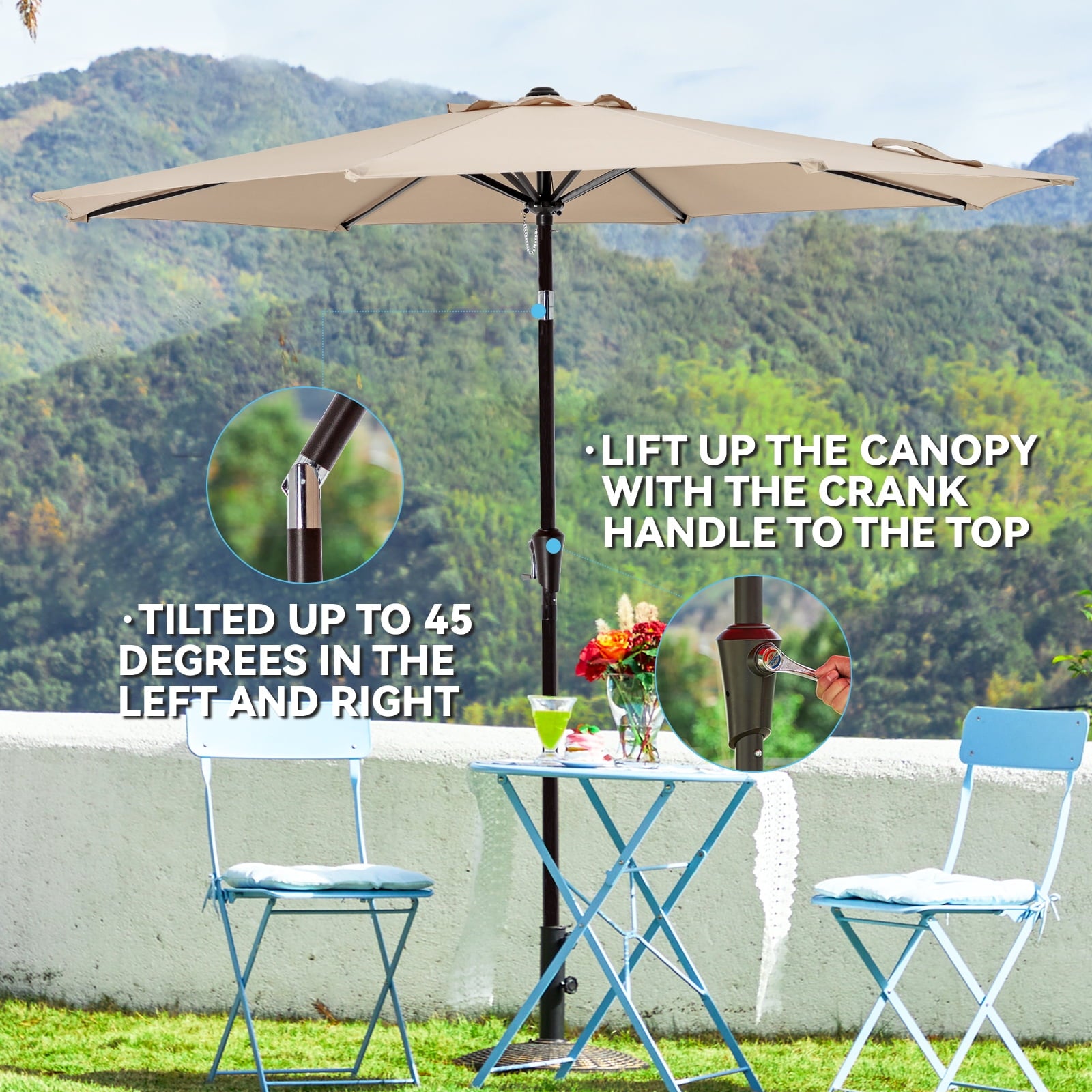 JUSTLET 9FT Outdoor Market Patio Umbrella with 8 Reinforced Steel Ribs, Crank Lift, Push Button Tilt, UV-Resistant, Windproof & Waterproof – Beige