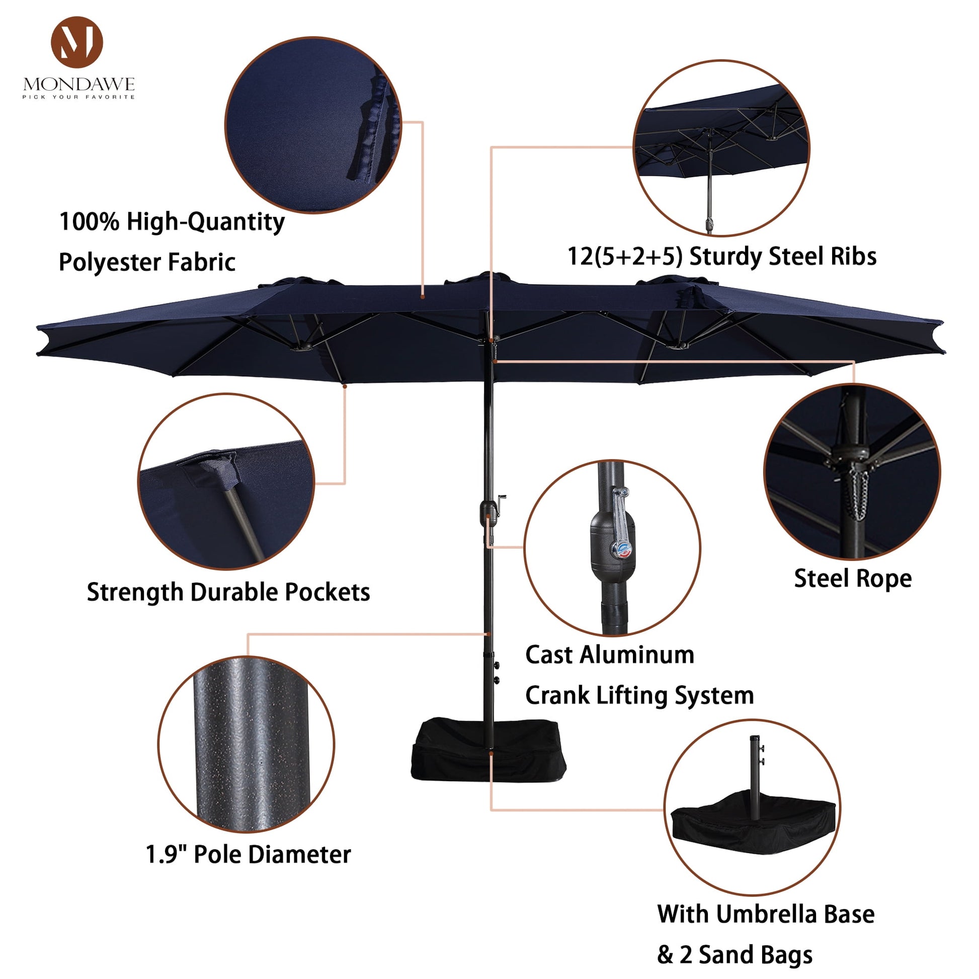 15ft Large Patio Umbrellas with Base Included, Outdoor Double-Sided Rectangle Market Umbrella with Crank Handle, for Pool Lawn Garden