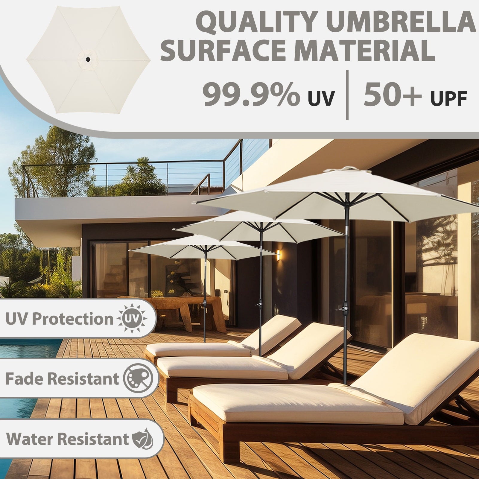 Autlaycil 9Ft Outdoor Umbrella with Tilt, Crank and Sturdy Ribs for Lawn, Garden, Backyard and Pool, White