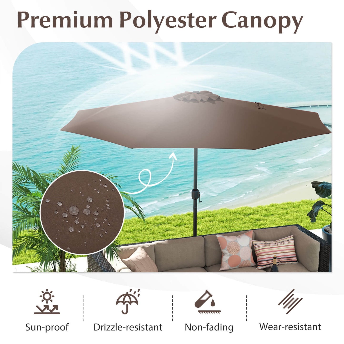 Costway 12 FT Patio Umbrella Outdoor Market Umbrella with Crank Handle 8 Sturdy Ribs Coffee