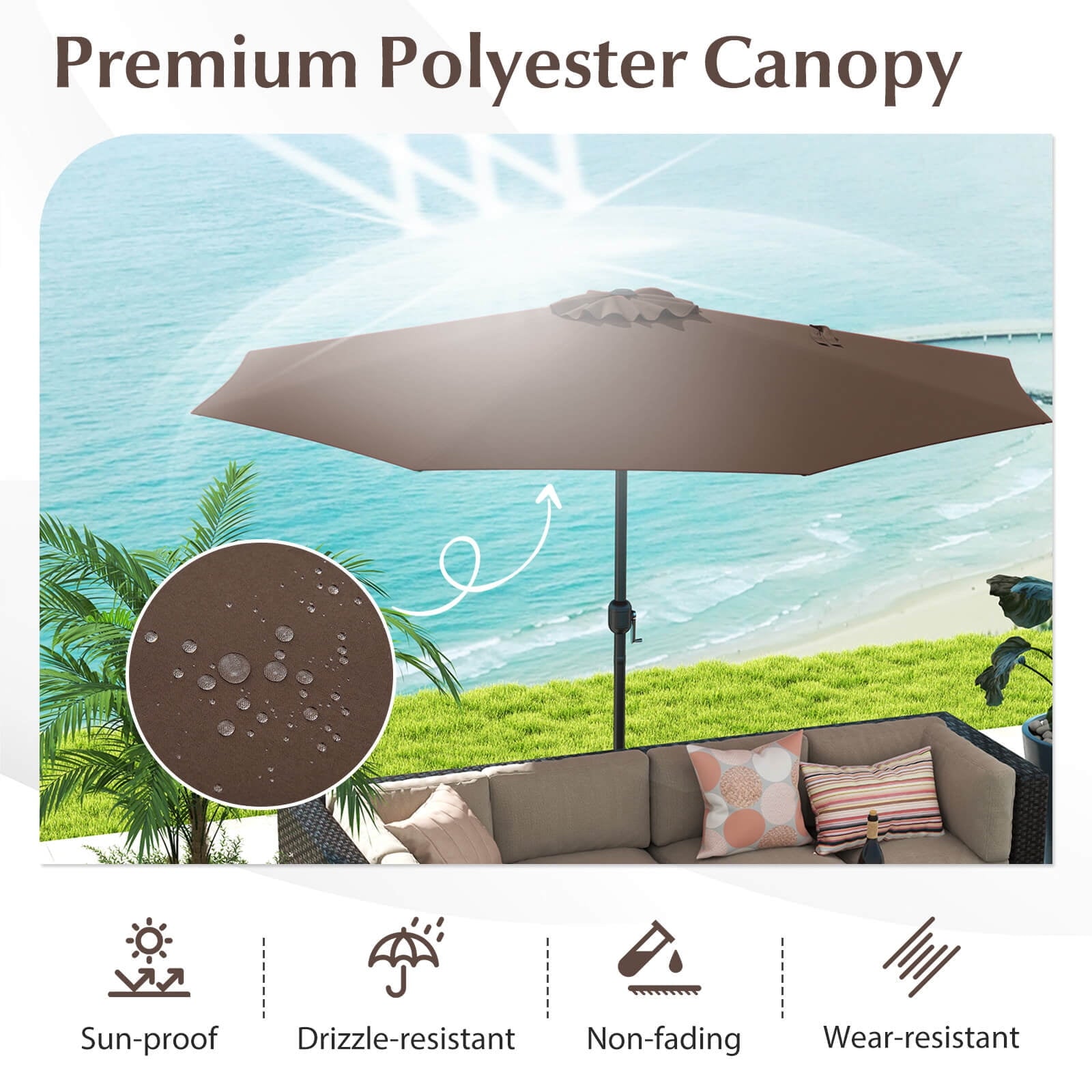 Costway 12 FT Patio Umbrella Outdoor Market Umbrella with Crank Handle 8 Sturdy Ribs Coffee