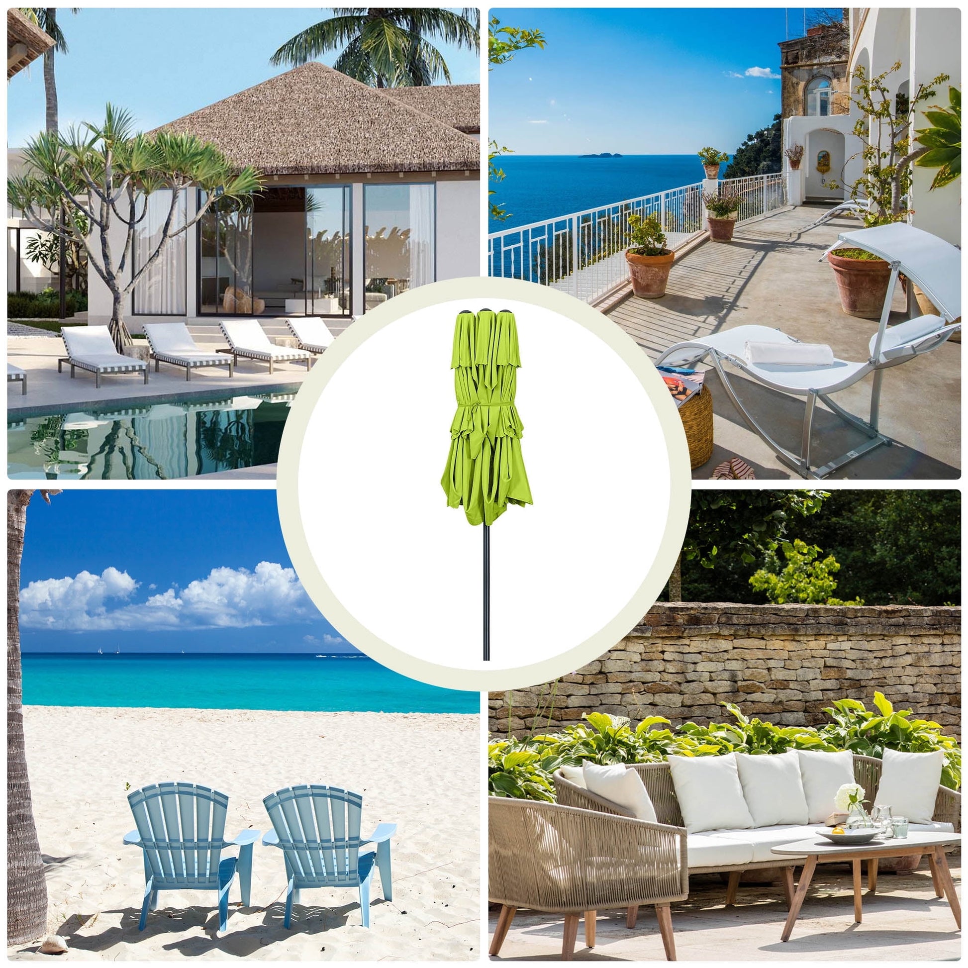 Ainfox 15ft Large Patio Umbrella, 3-Tiers Outdoor Double-Sided Rectangle Market Heavy Duty Umbrellas, Grass Green