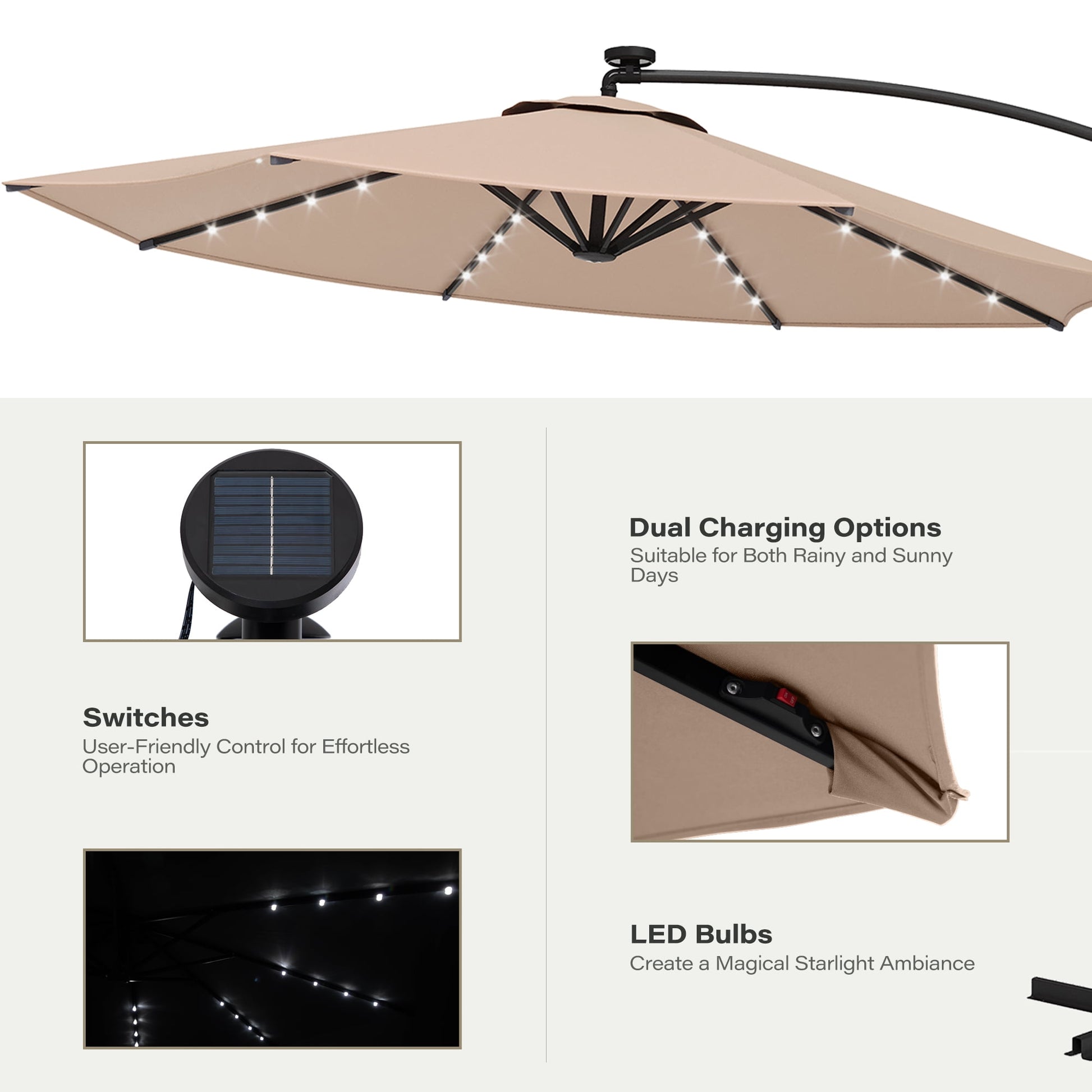 LAUSAINT HOME 10 ft Cantilever Patio Umbrella, Round Outdoor Beige Umbrella with LED Lights