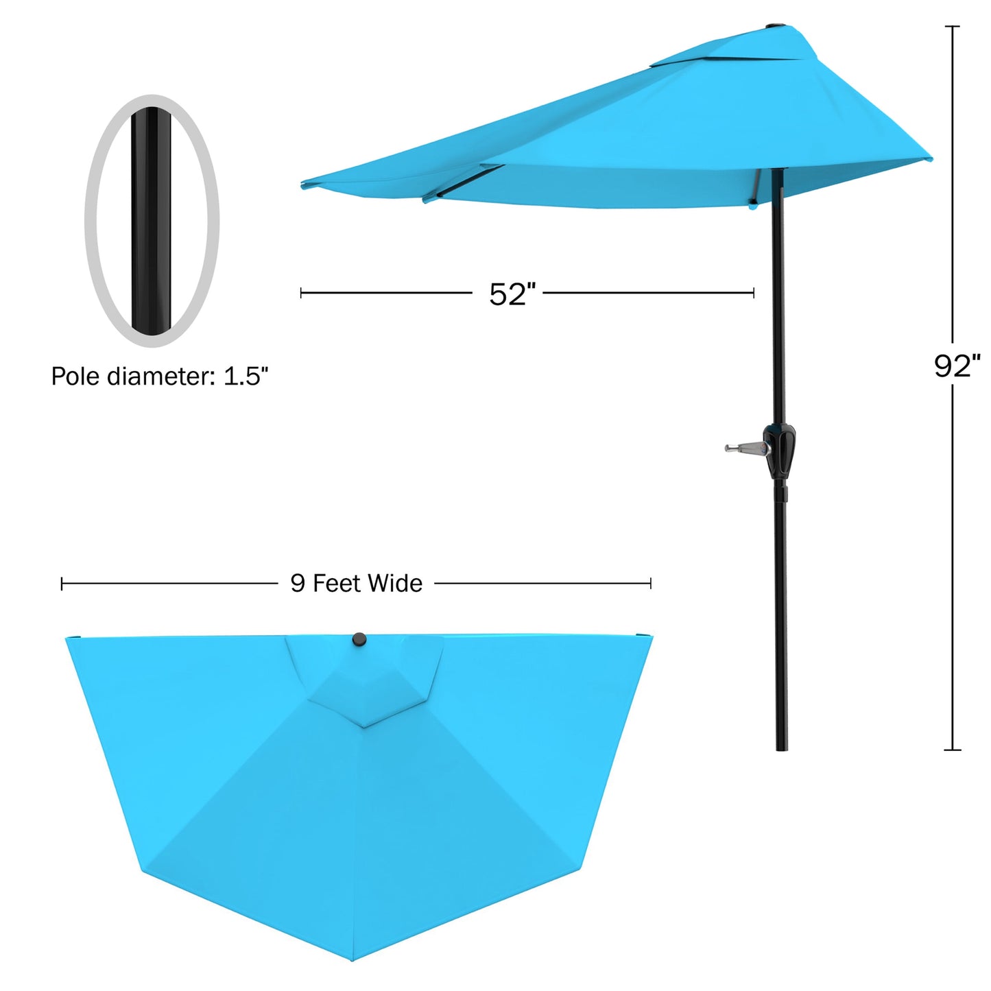 Pure Garden 9ft Half Umbrella for Balcony, Porch, or Deck, Brilliant Blue