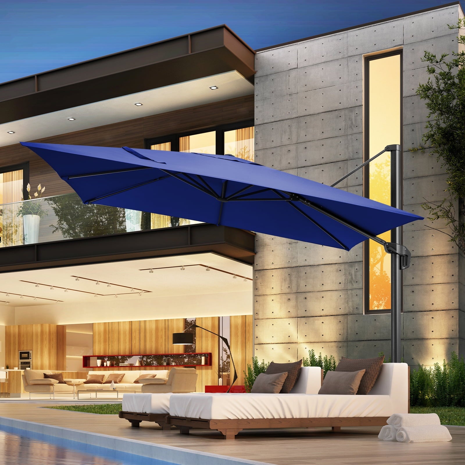 SANOPY 10x10 Cantilever Patio Umbrella Outdoor Patio Umbrella, 360 Degree Rotation Market Patio Umbrella with Steel Base, Crank, Tilt Button, Dark Blue