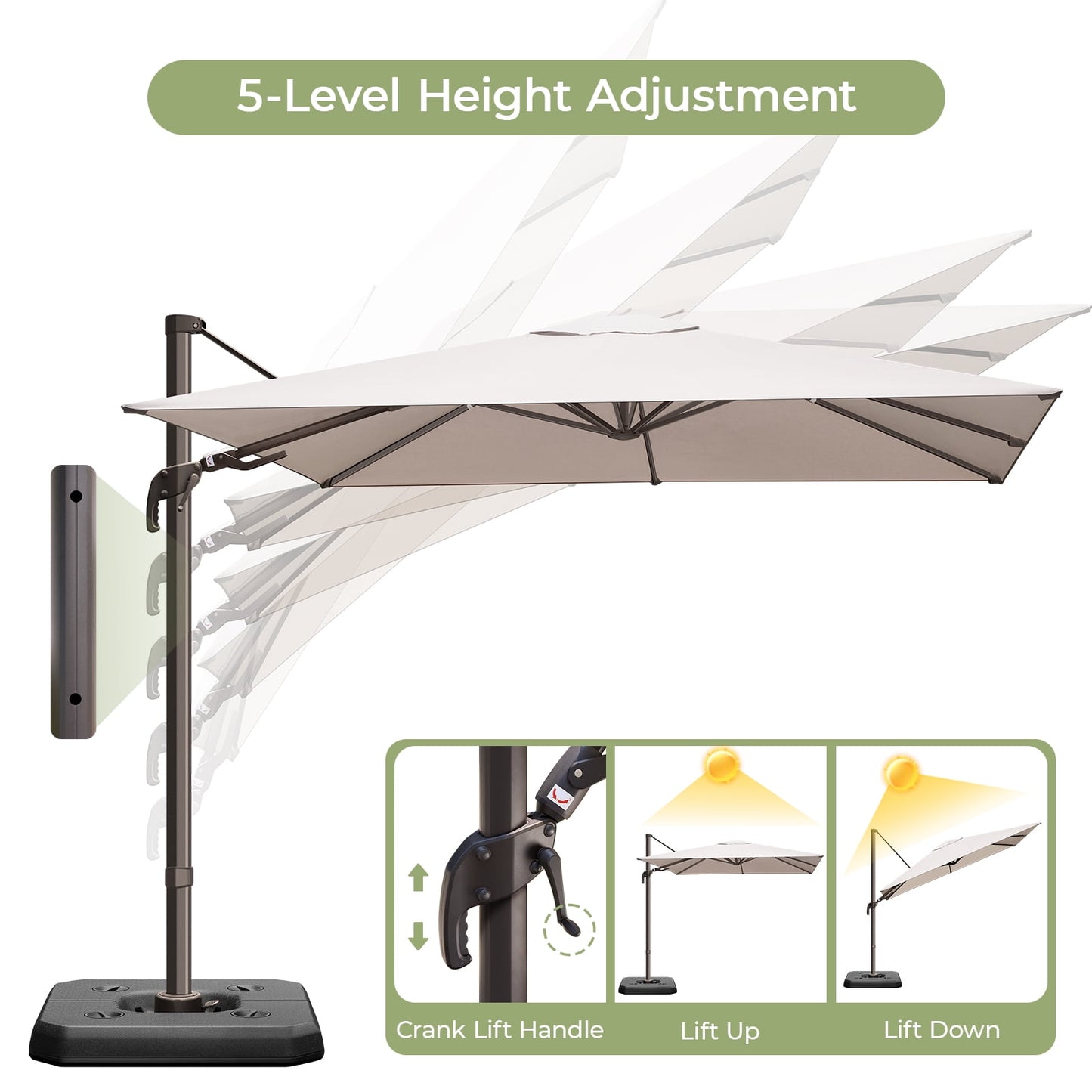 Vitarpatio 10x10ft Outdoor Patio Umbrella, Large Square Cantilever Umbrella Aluminum Offset Umbrella with Swivel Handle Tilt, 360 Degree Rotation and Crank, Champagne