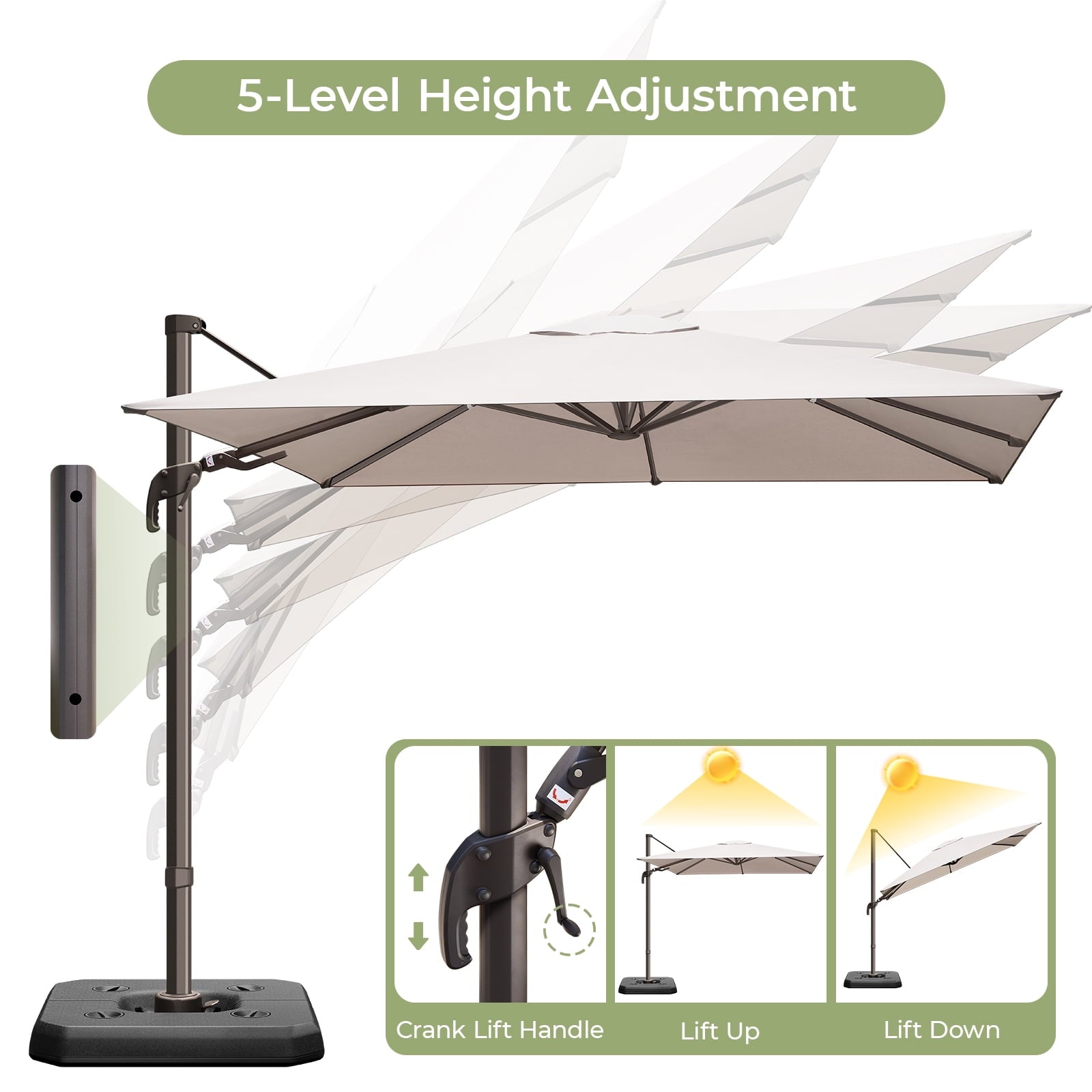 Vitarpatio 10x10ft Outdoor Patio Umbrella, Large Square Cantilever Umbrella Aluminum Offset Umbrella with Swivel Handle Tilt, 360 Degree Rotation and Crank, Champagne