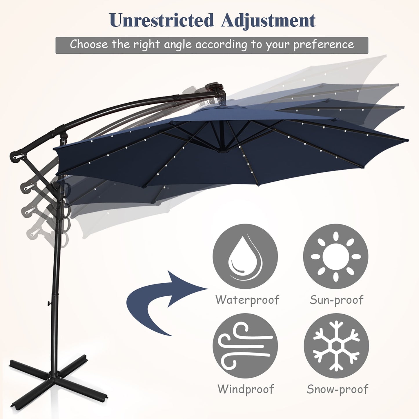 Costway 10FT Patio Offset Umbrella Solar Powered LED 360Degree Rotation Aluminum Navy