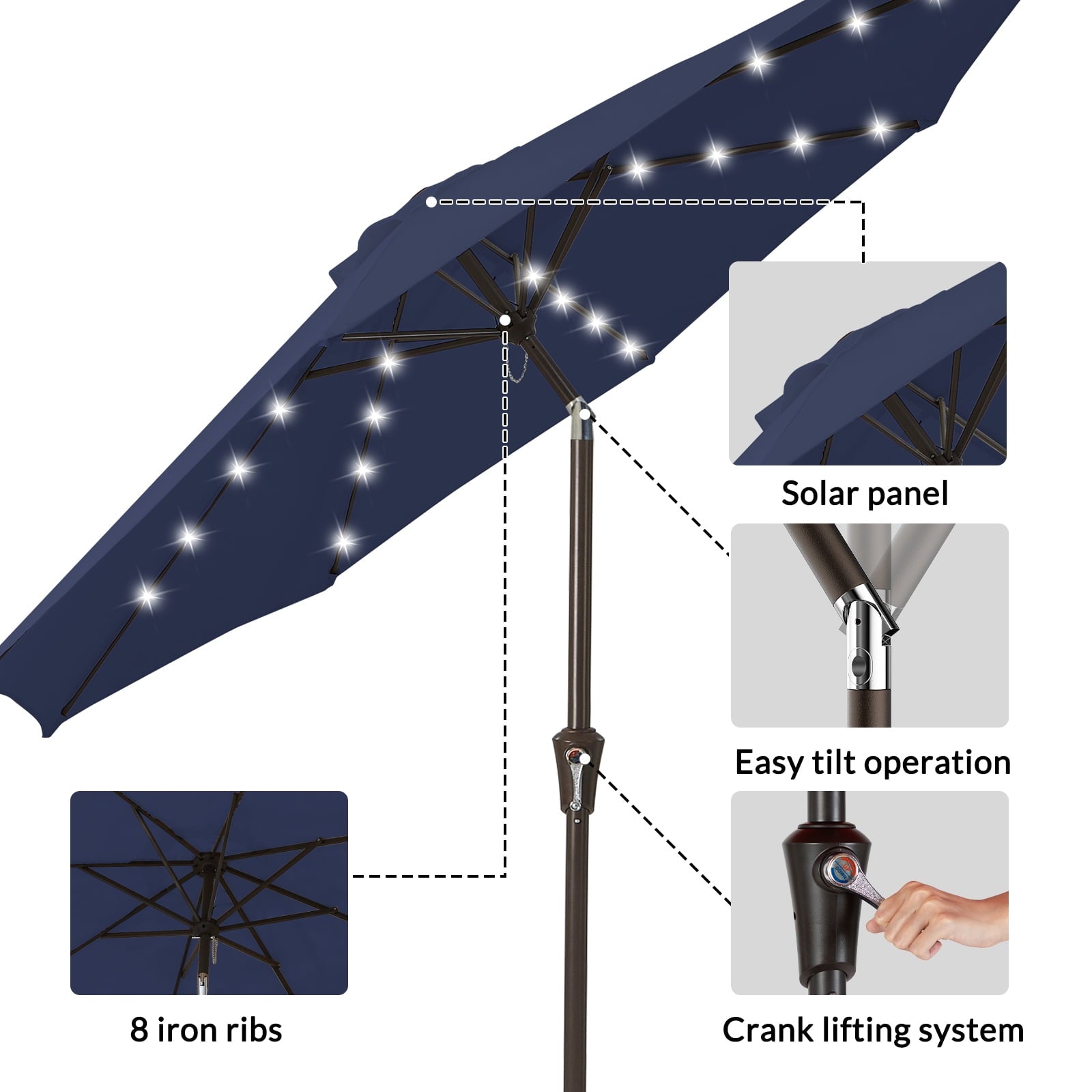 JUSTLET 10 ft Patio Umbrella for Table, Outdoor Sun Umbrella with LED Solar Lights, Navy Blue