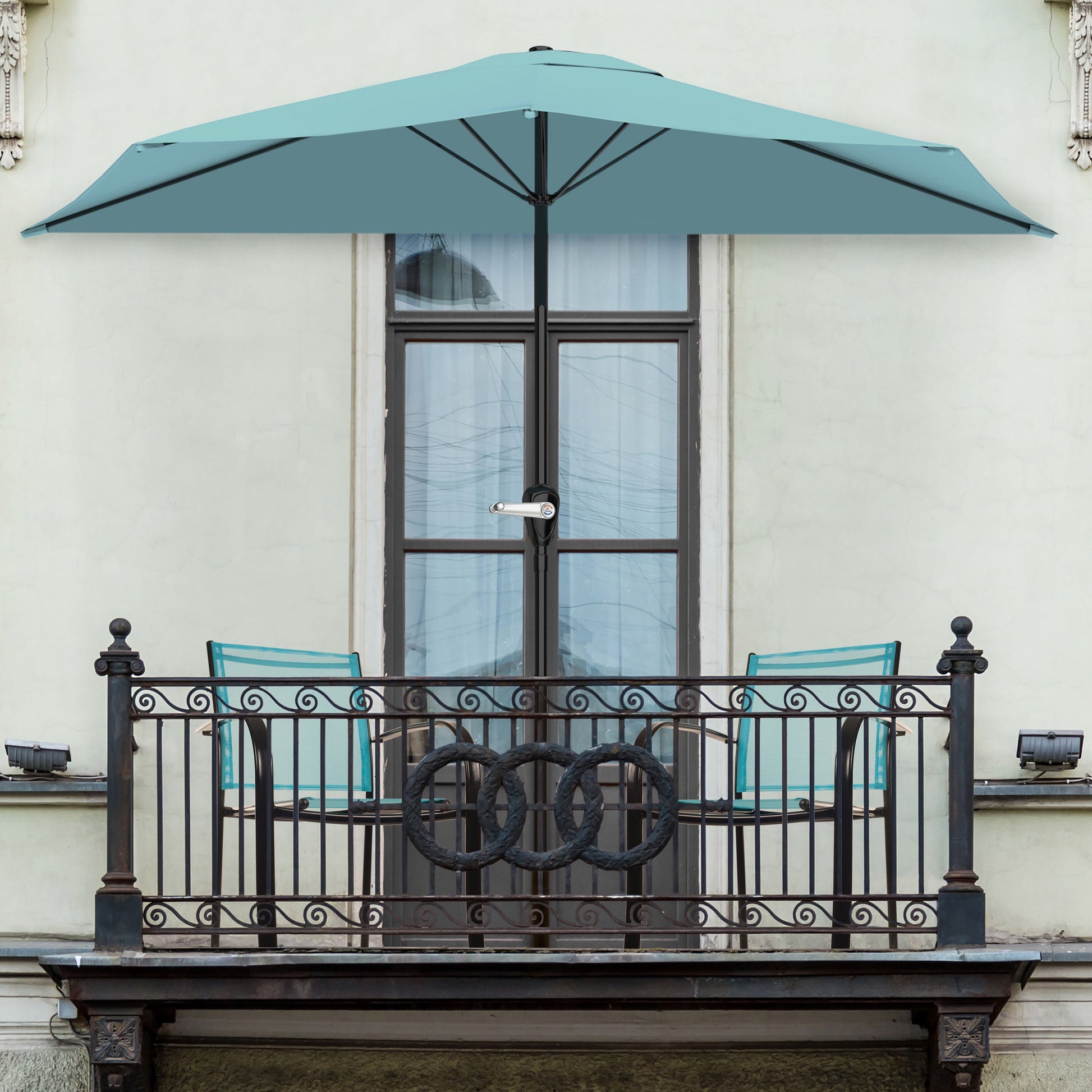 Pure Garden 9ft Half Patio Umbrella – Crank-Open Sun Shade for Balcony, Deck, or Porch, Blue