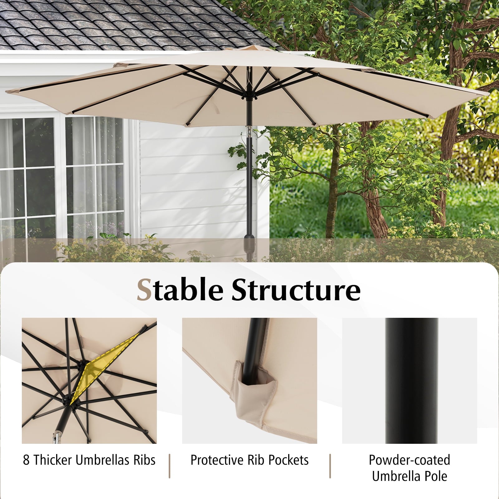 Costway Outdoor Heavy Duty Market Umbrella with Tilt Mechanism Crank Handle 8 Sturdy Ribs
