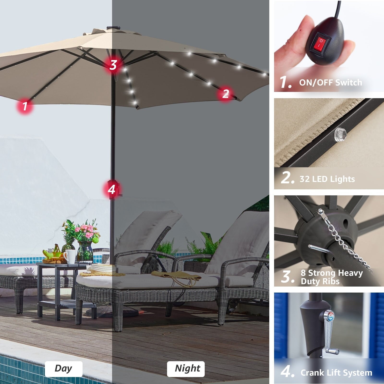 JUSTLET 11' Outdoor Patio Market Solar Umbrella w/ LED Lights, Beige