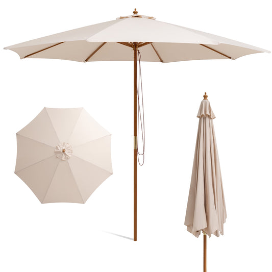 10FT Patio Wooden Market Table Umbrella Pulley w/8 Bamboo Ribs Sunshade Canopy Beige