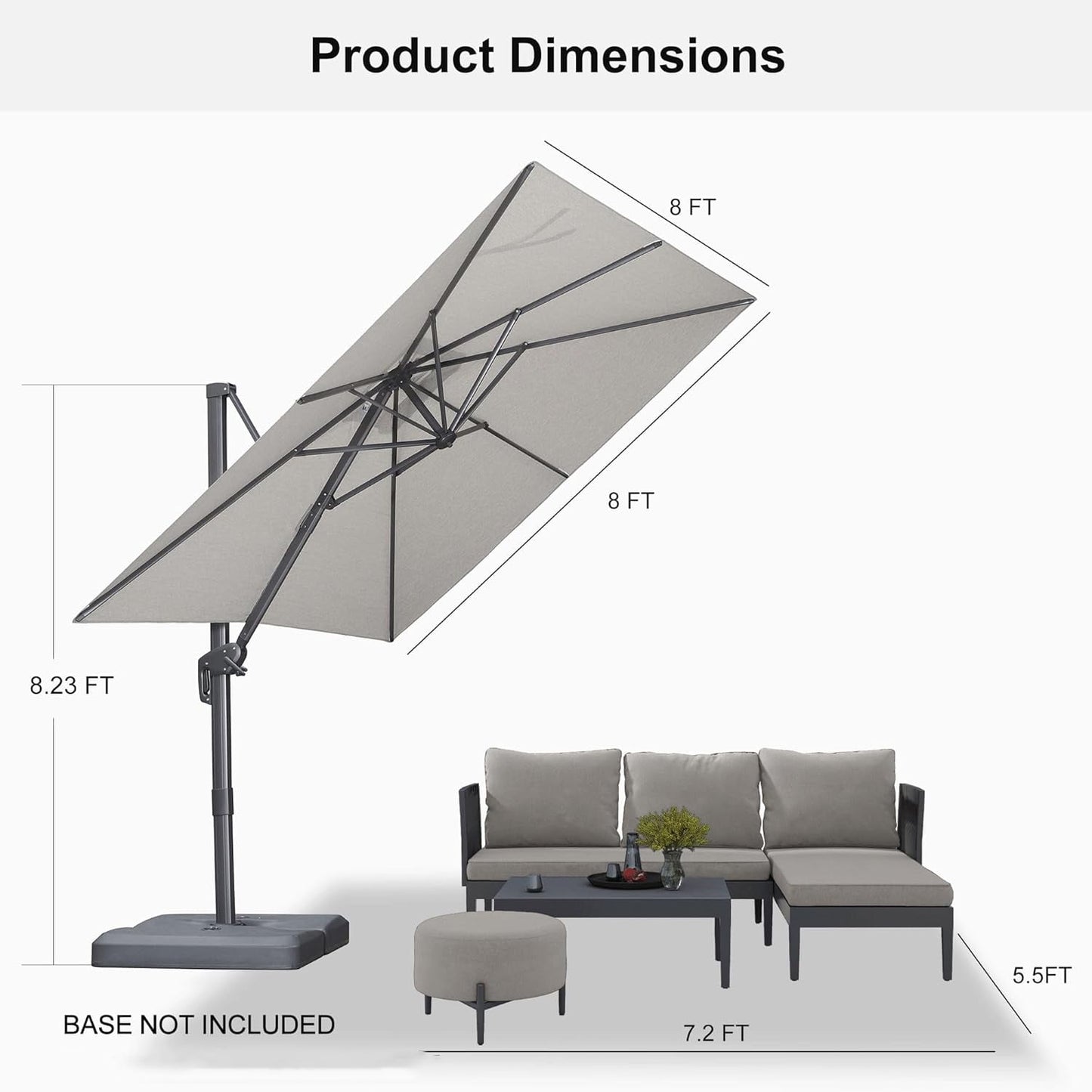 PURPLE LEAF 8 FT Patio Cantilever Umbrella Outdoor Offset Square Umbrella with 360-degree Rotation for Deck Pool Garden, Light Grey