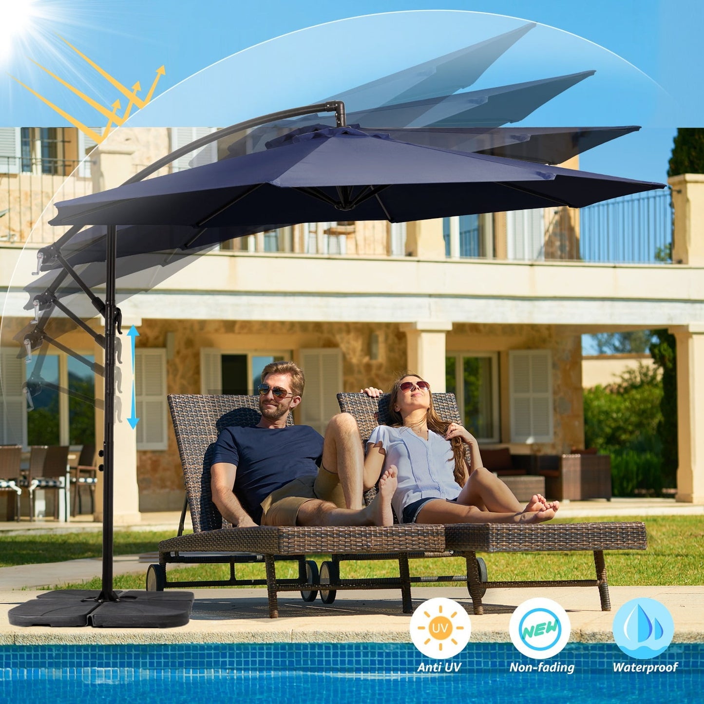 JUSTLET 10ft Offset Hanging Outdoor Cantilever Patio Umbrella for Garden, Navy Blue