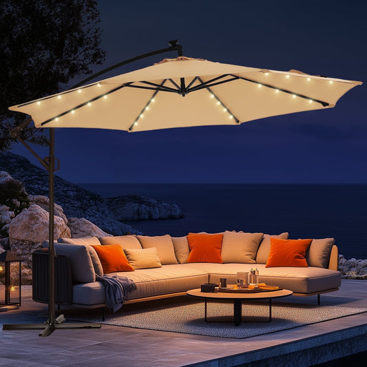 10ft Offset Hanging Market Patio Umbrella with 32 LED Lights and Easy Tilt Adjustment,Polyester Shade,8 Ribs for Backyard,Poolside,Lawn and Garden，Beige