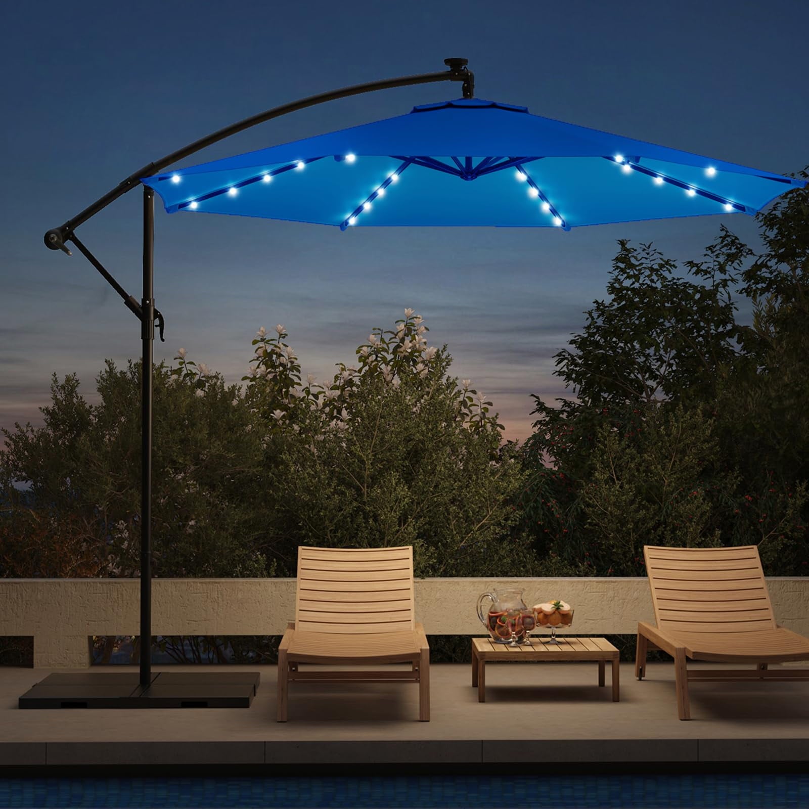 10ft Solar Lighted Patio Umbrella,Outdoor Offset Cantilever Umbrella, Infinite Tilt, Crank and Cross Base, UV Protection for Backyard, Lawn, Garden & Pool, Royal Blue
