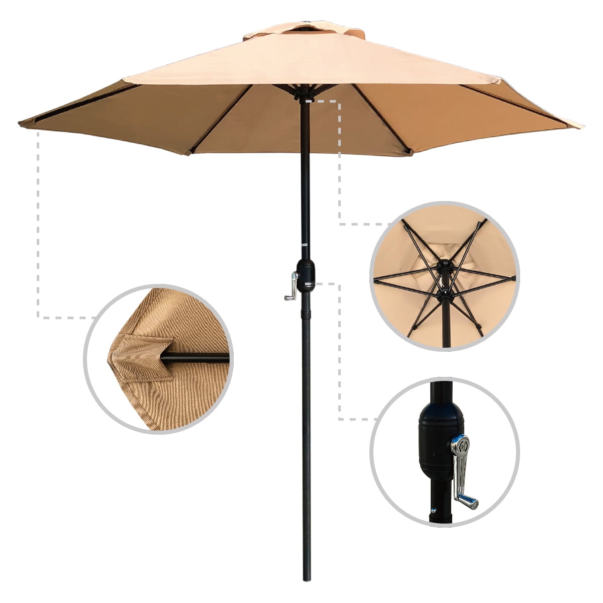 Abble 7.5ft Patio Umbrella with Crank Handle, Outdoor Market Umbrella with 6 Sturdy Umbrella Ribs Waterproof for Garden, Deck, Backyard, Pool, Tan