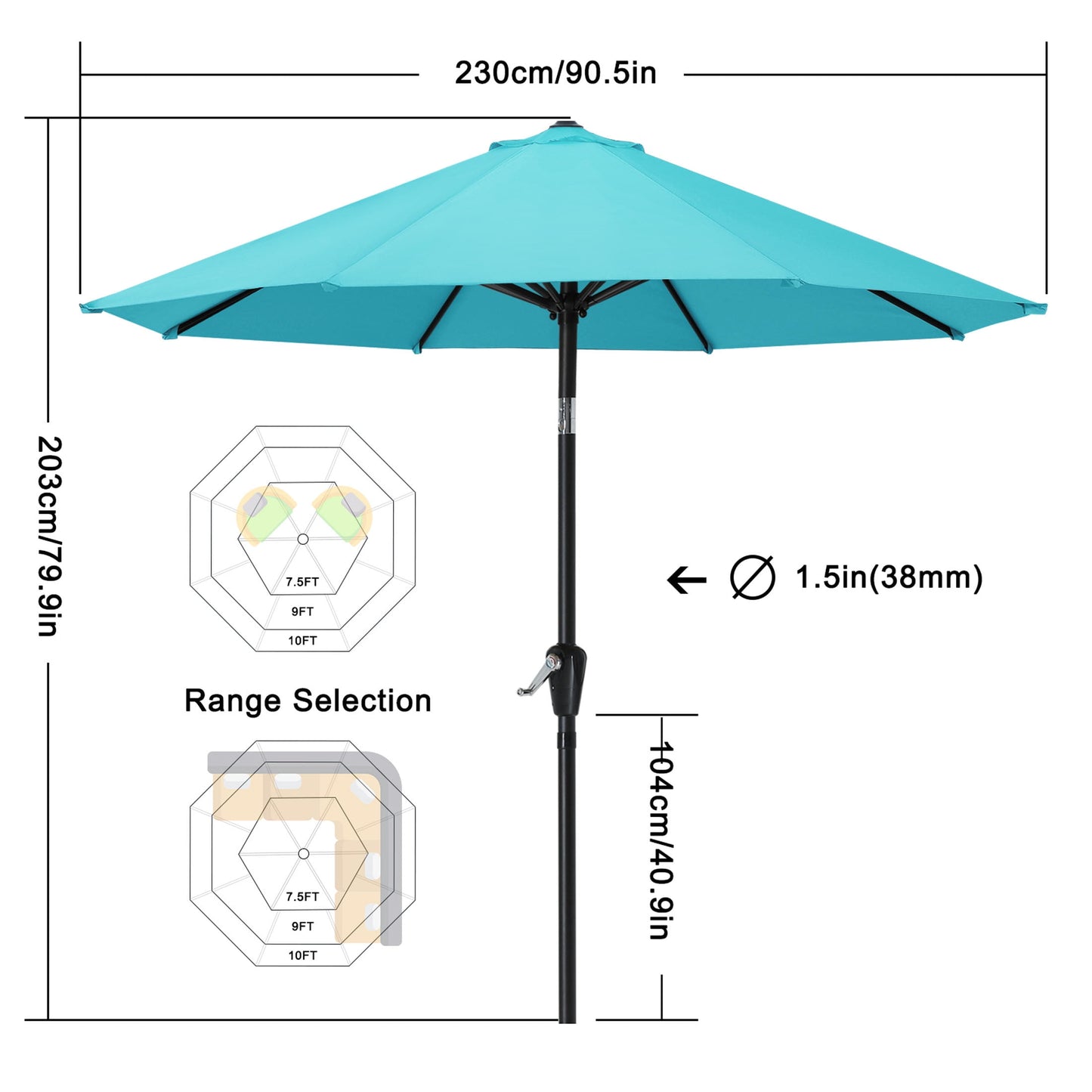 MASTERCANOPY 7.5ft Outdoor Market Patio Umbrella w/ Push Button Tilt and Crank 6 Ribs, Turquoise