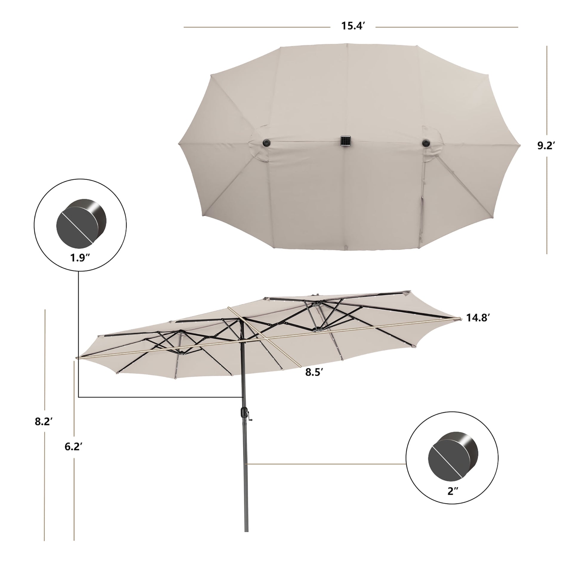 Costway 15FT Twin Patio Double-Sided Umbrella 48 Solar LED Lights Crank Outdoor Beige