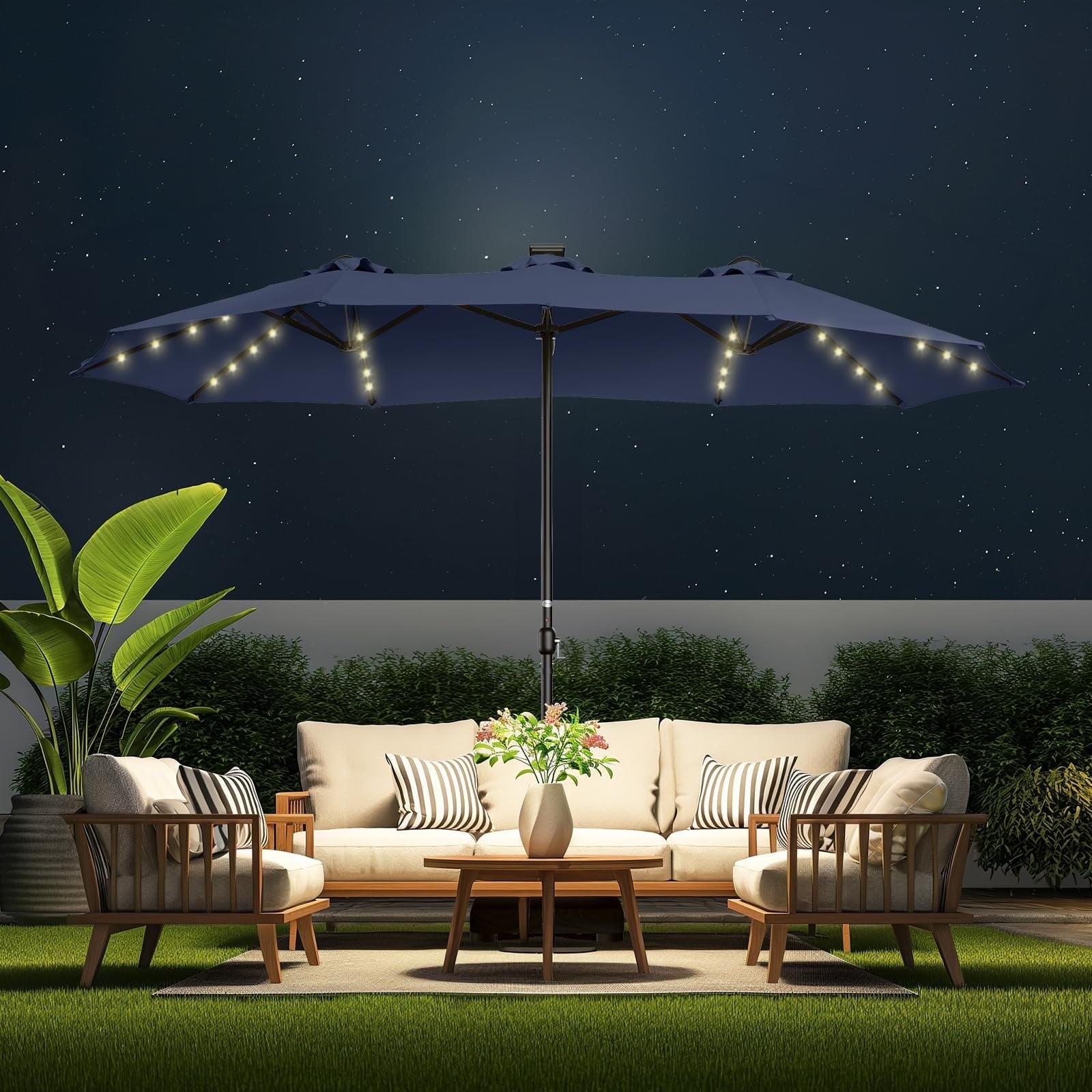 13ft Patio Umbrella with Light and Base Included, Double Sided Outdoor Large Rectangular Patio Umbrella with Crank Handle, for Lawn Garden,Home,Outdoor Activities