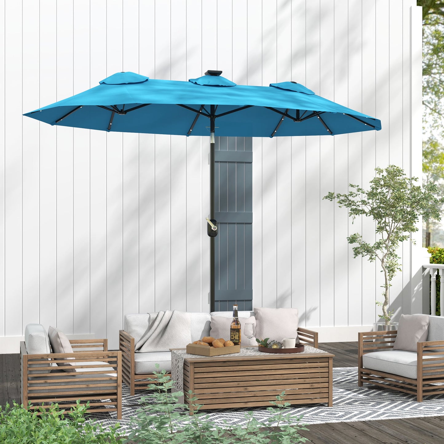 Outsunny 9.7' Double-sided Patio Umbrella with LED Solar Light, Tilt and Crank, Outdoor Umbrella, Light Blue