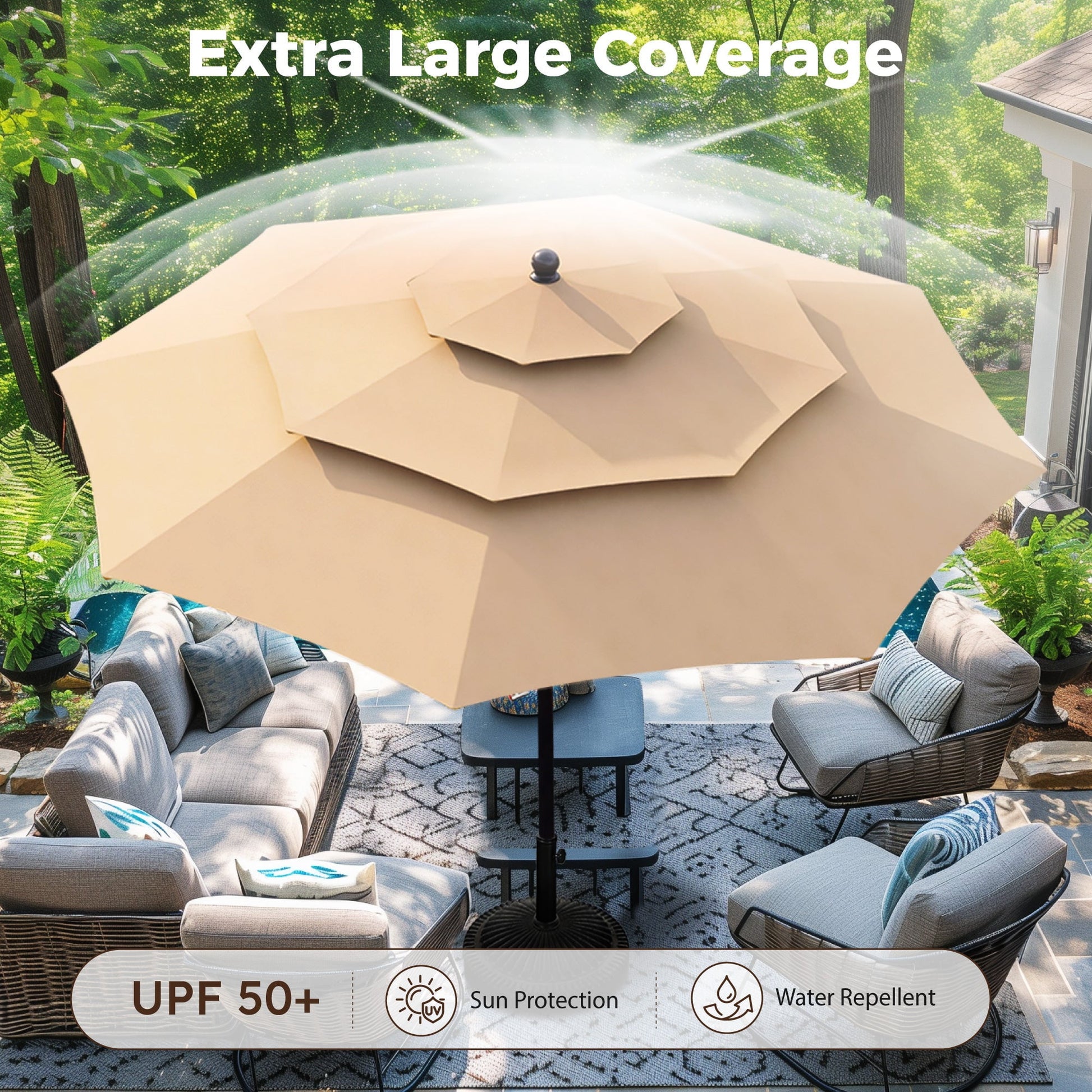 Alpha Joy 10ft 3 Tier Auto-Tilt Outdoor Patio Umbrella Beach Garden Double Vented Table Umbrella with Push Button and Crank, Beige