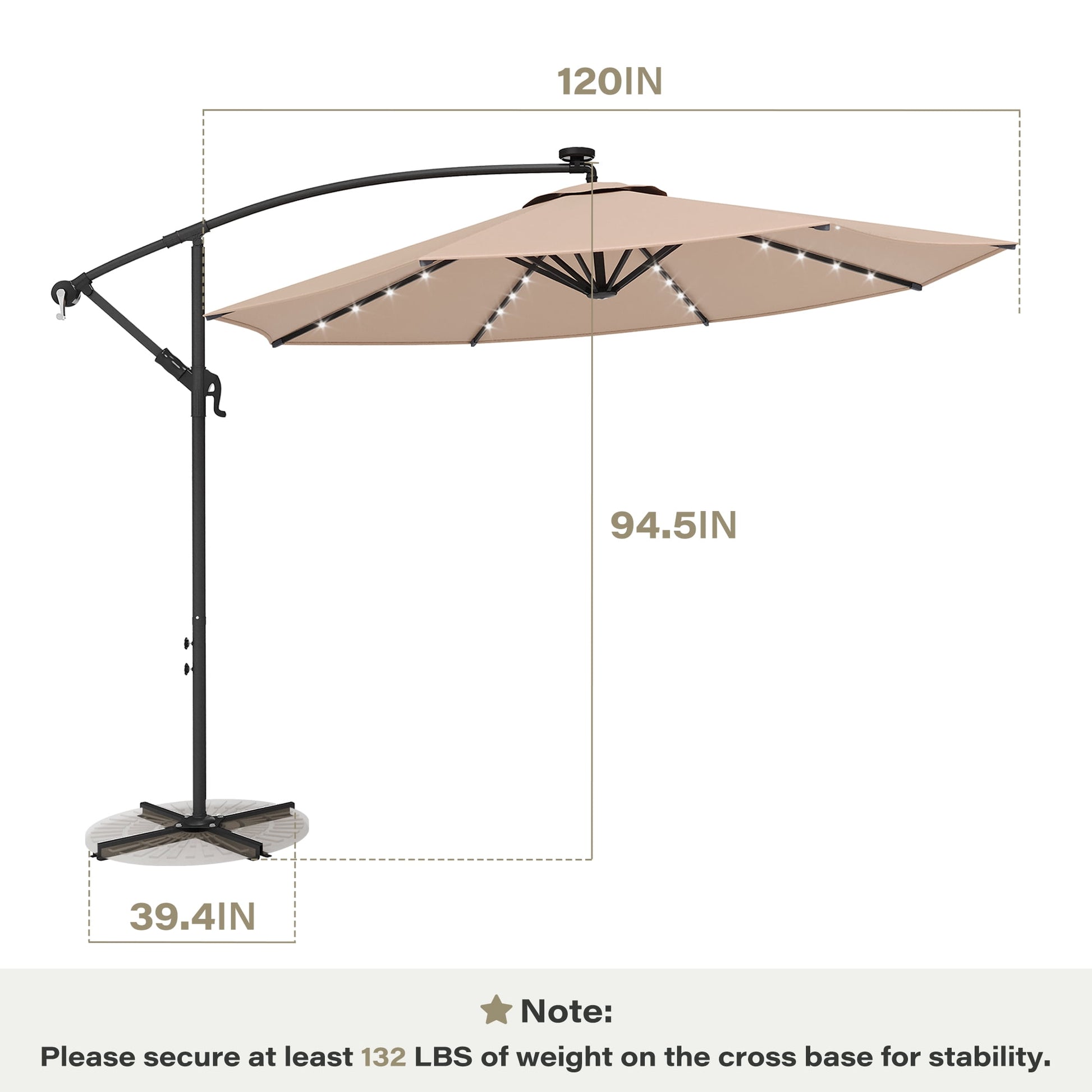 LAUSAINT HOME 10 ft Cantilever Patio Umbrella, Round Outdoor Beige Umbrella with LED Lights